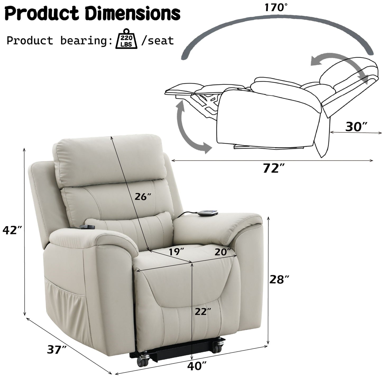 Marsha Silicone Synthetic Leather Power Motion Recliner with Lift Heating Massage Chair - Light Gray