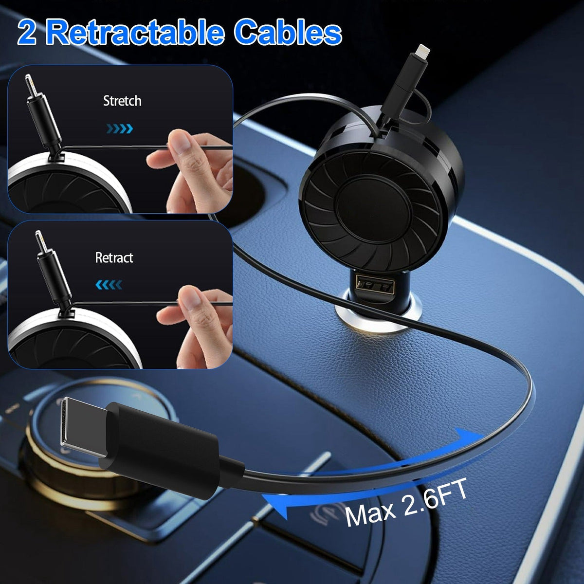 21W 3 In 1 Retractable Car Charger Fast Car Charger Mini Car Phone Charger with USB Port Type-C Cable LT & Micro Cable Fit For IOS Phone 15/14/13 And