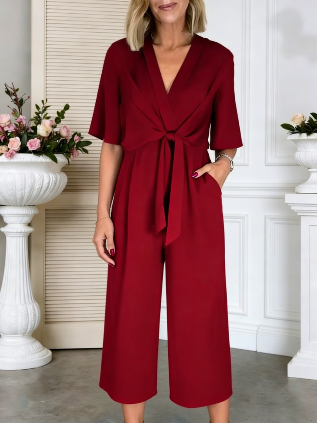 V-Neck Tie-Front Short Sleeve Jumpsuit