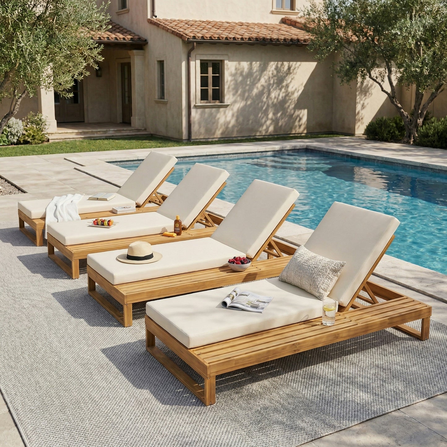 Teak Finish Acacia Wood Chaise Lounge with 4-Inch Cushion