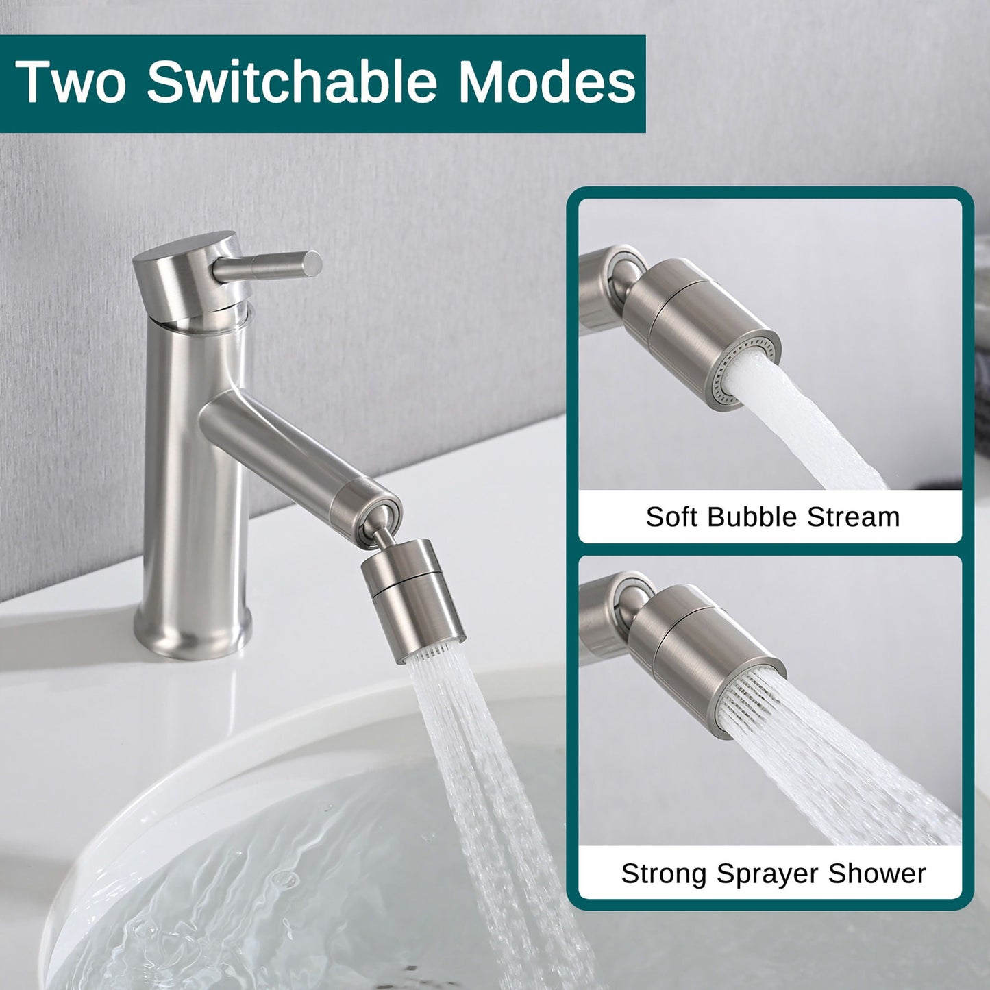 2 Mode Bathroom Faucet With 360 Degree Rotating Aerator For Sink