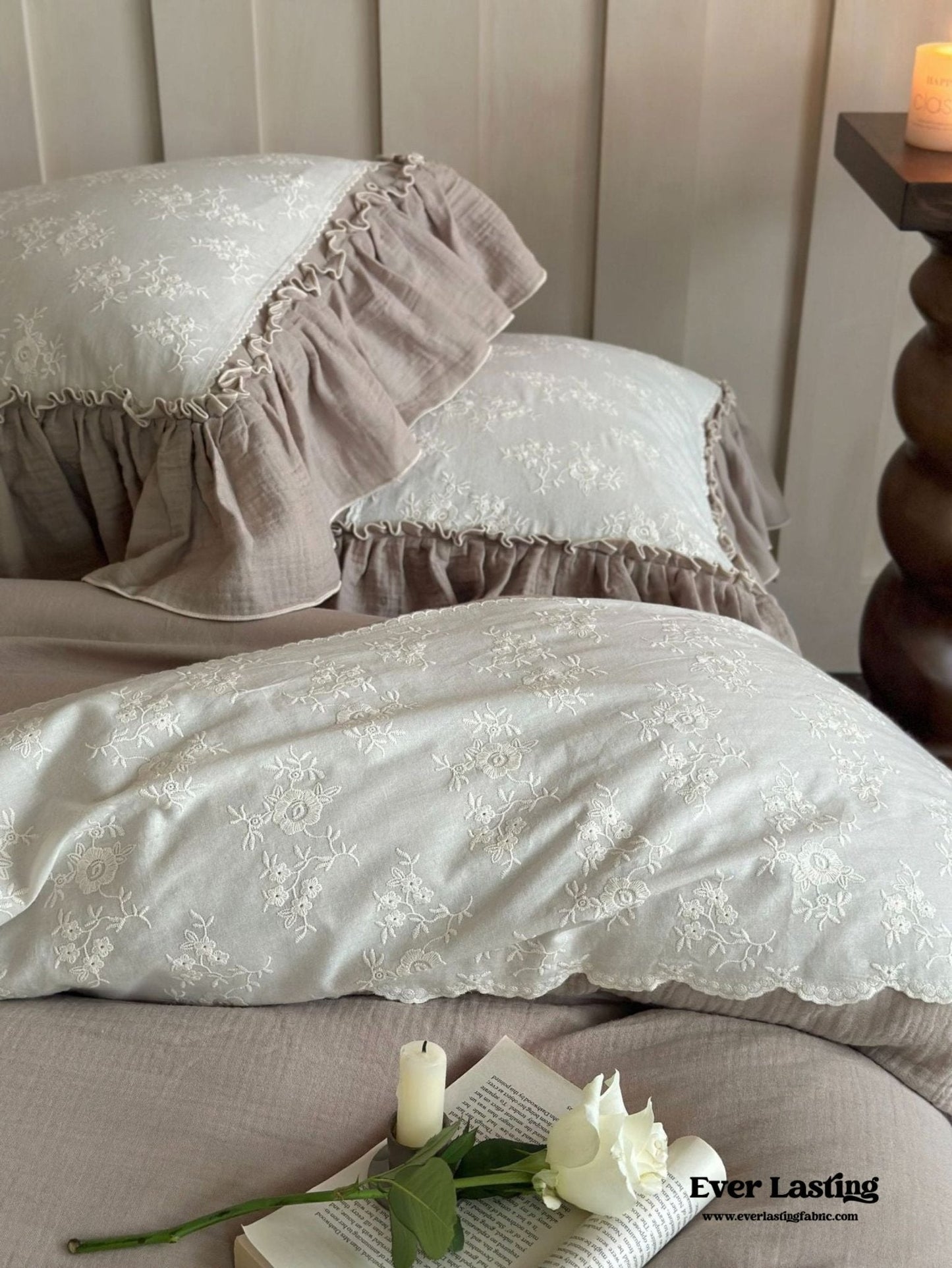 Celeste Soft Lace Embroidered Ruffle Bedding Set / Olive Green