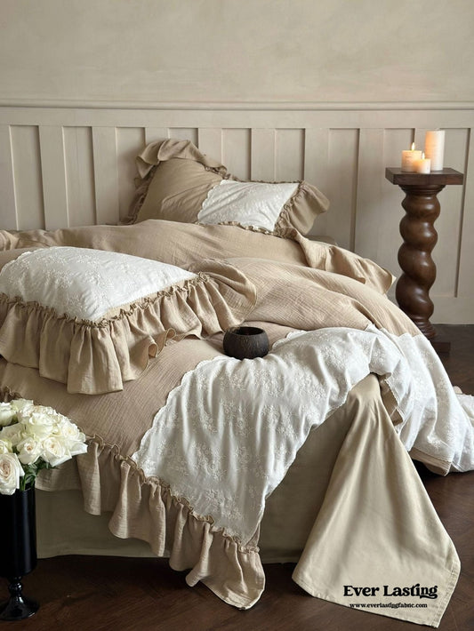 Celeste Soft Lace Embroidered Ruffle Bedding Set / Olive Green