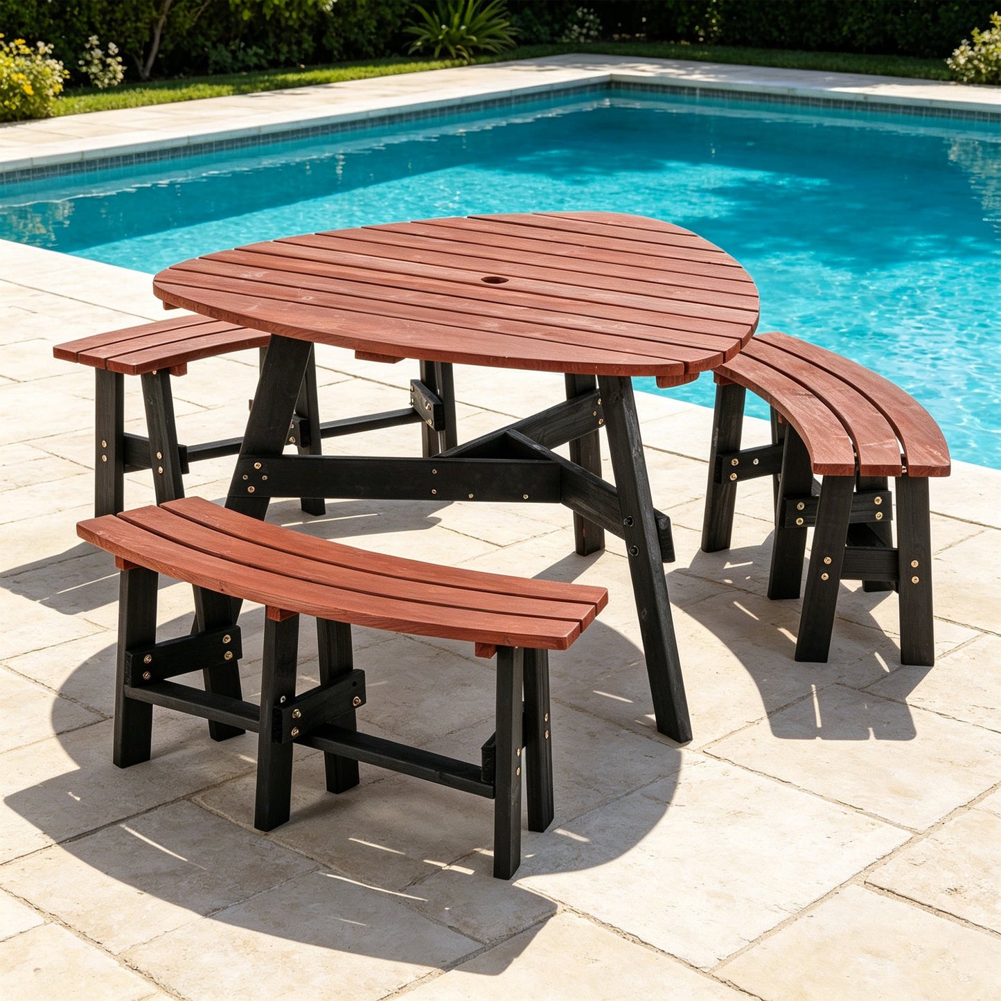 6-Person Semi-Circular Outdoor Solid Fir Wood Picnic Table Set, Rustic
