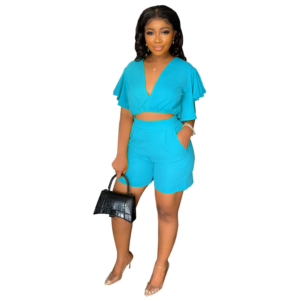Ruffled Cropped V Neck Top Casual Shorts Summer Two-Piece Set