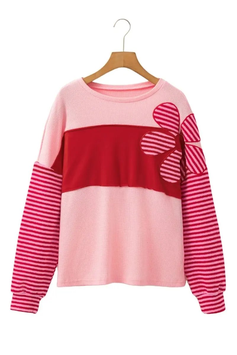 Sweaters Love Salve Pink Floral Top Women's Daily Casual Waffle Knit Tee - Color Block & Striped