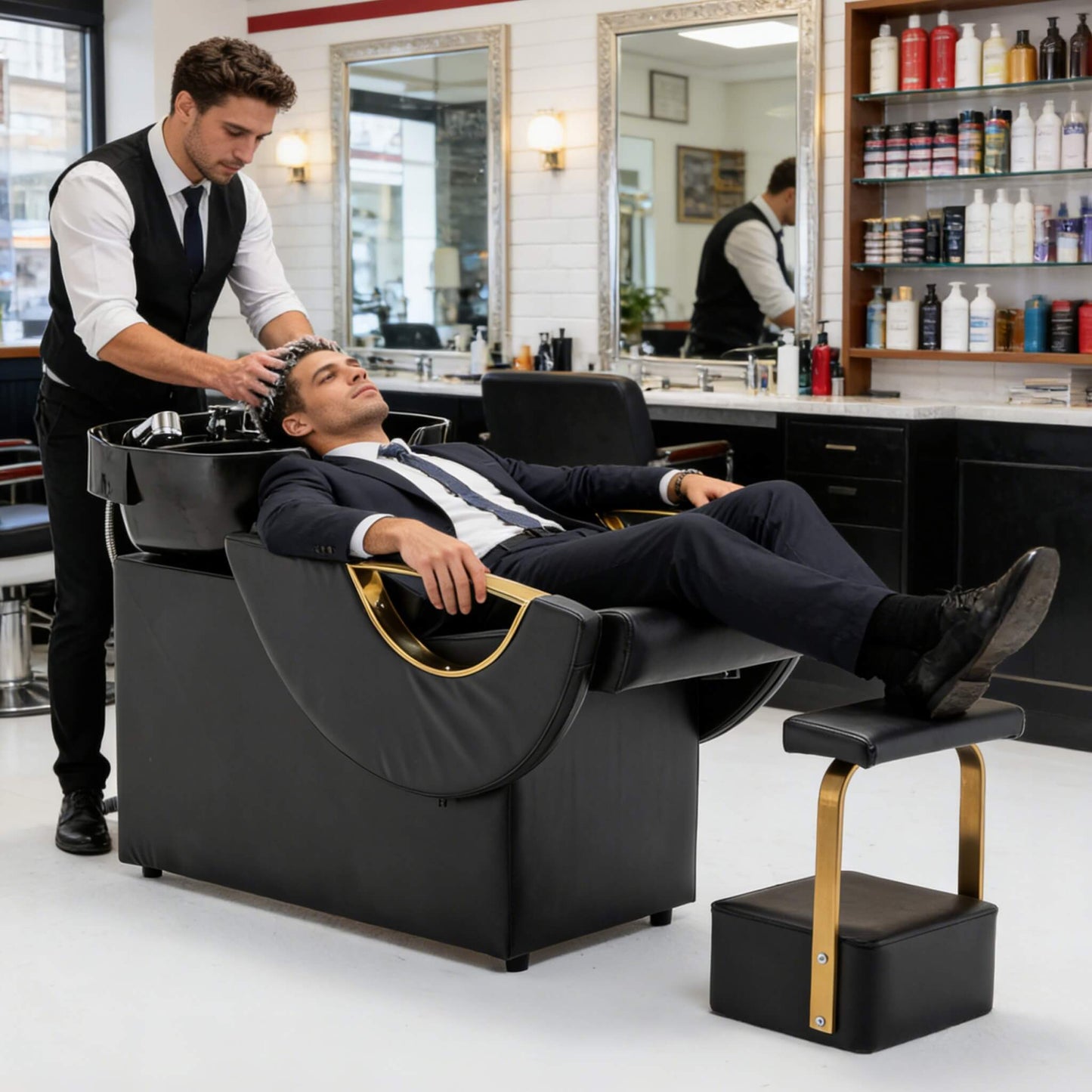 Commercial Black And Gold Shampoo Bowl Chair Set With Footrest (SAK43716)