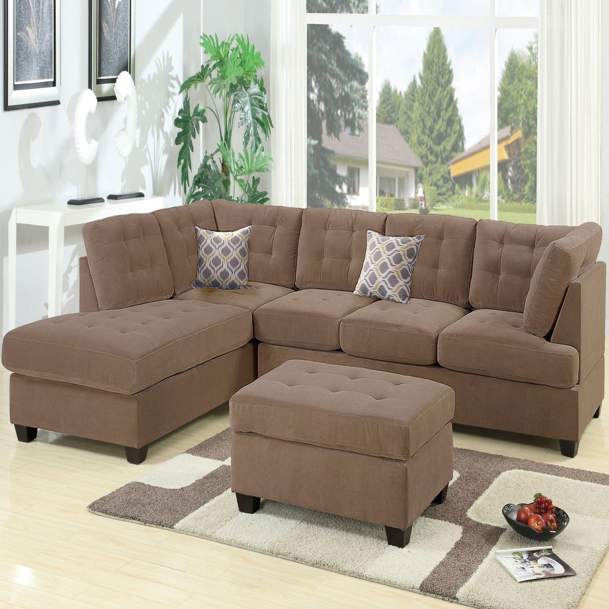 Truffle Waffle Suede Sectional Sofa With Tufted Cushions And Accent Pillows, Reversible Chaise - Neutral