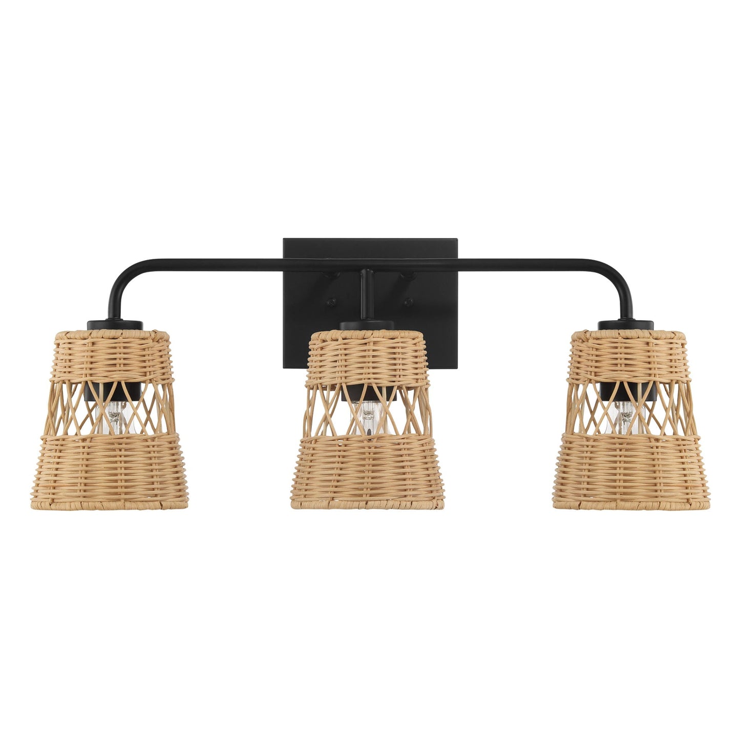 Moonlit - 3 Lights Wall Sconce With Shade, Bathroom Lighting Fixtures Over Mirror - Black / Rattan