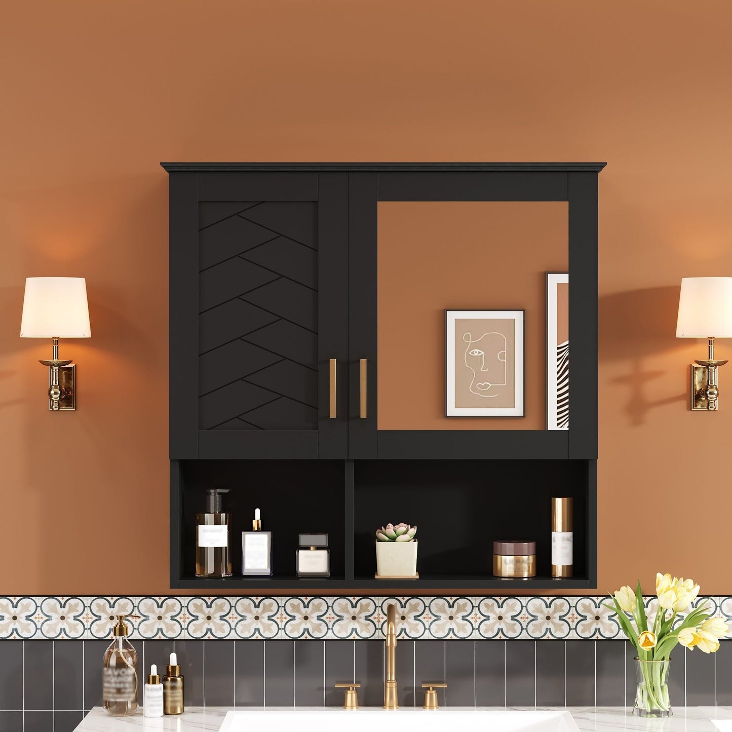 2 In 1 Wall-Mounted Mirror Cabinet With Adjustable Shelves