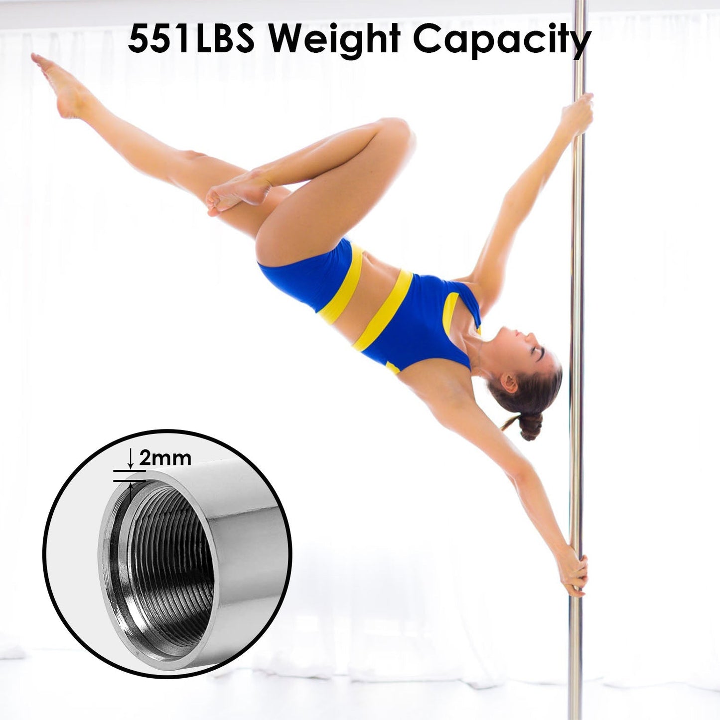 Dance Pole 45mm Spinning Static Dancing Pole with 88-108.1in Adjustable Height 551LBS Weight Capacity for Fitness Exercise Party Home Club Gy
