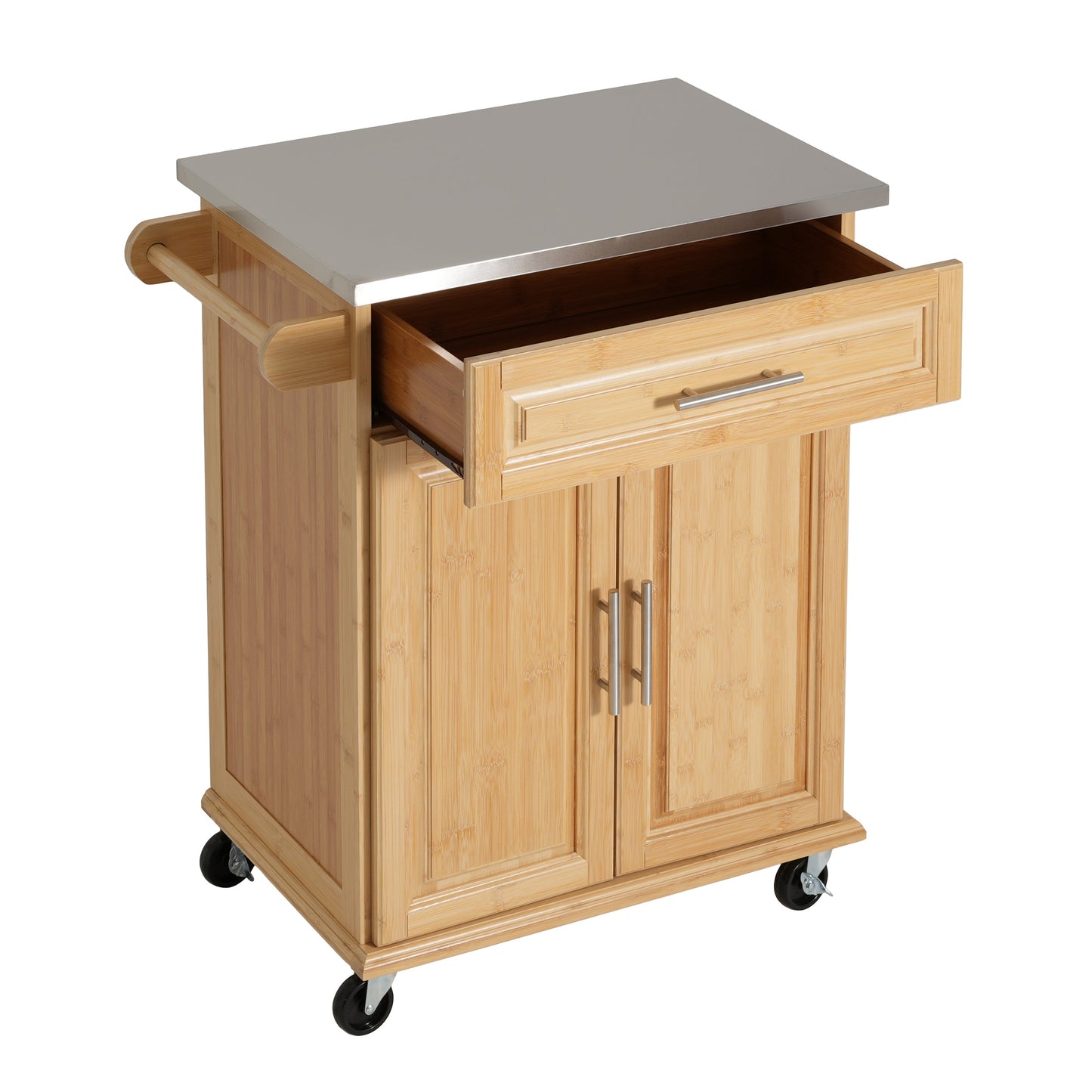 Indoor Compact Bamboo Rolling Kitchen Cart with Stainless Steel Top
