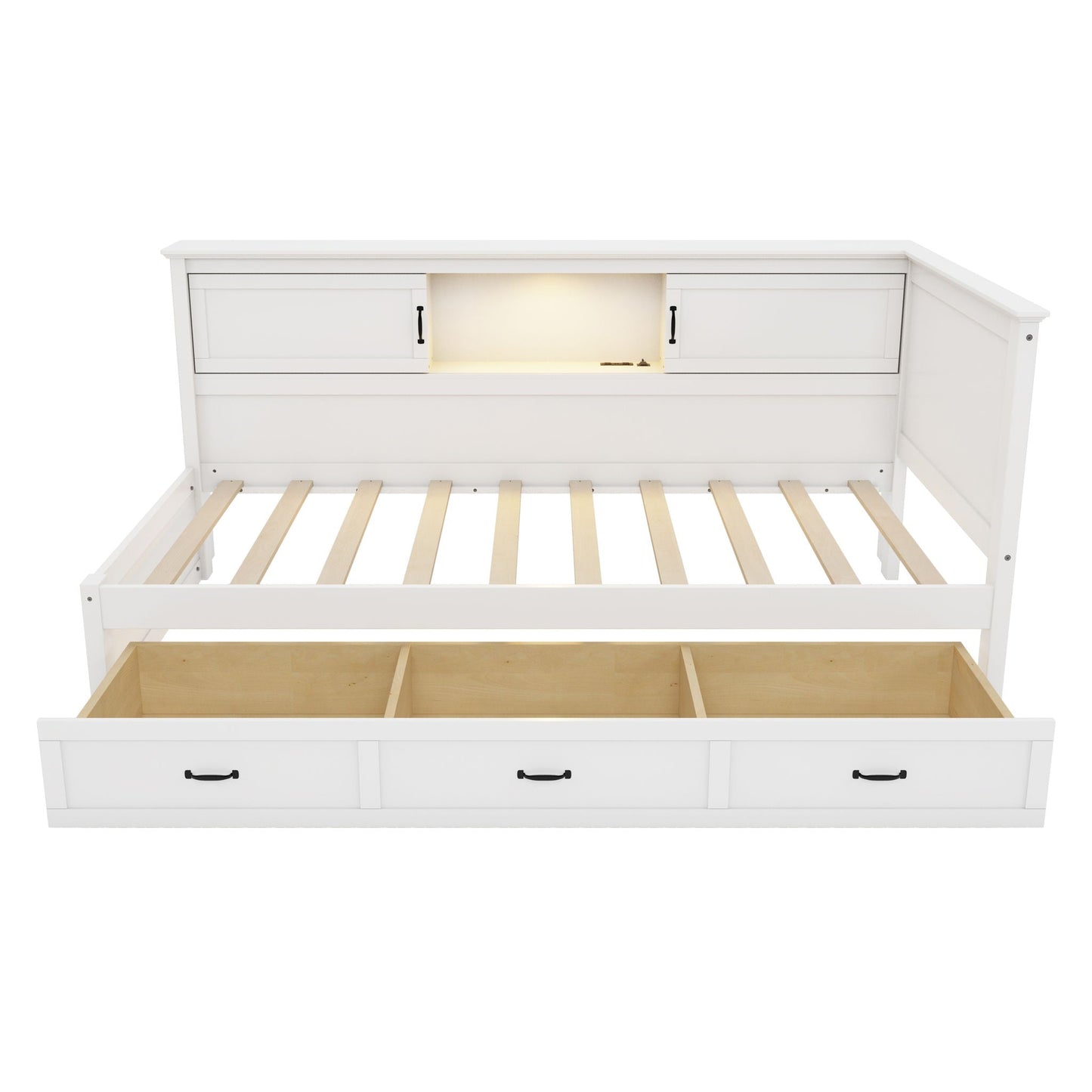 Twin Size L - Shaped Captain Bed With Drawer And Bookcase, LED Downlight And USB Charging Station - White