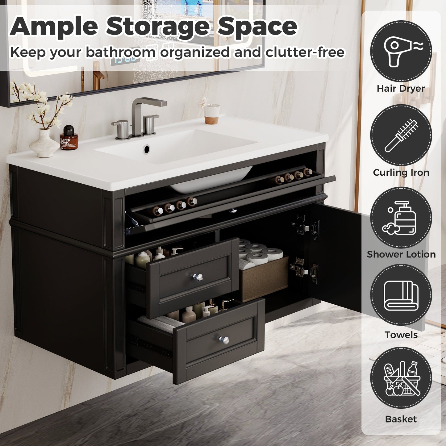 36" Wall Mounted Bathroom Vanity with Ceramic Sink and Storage