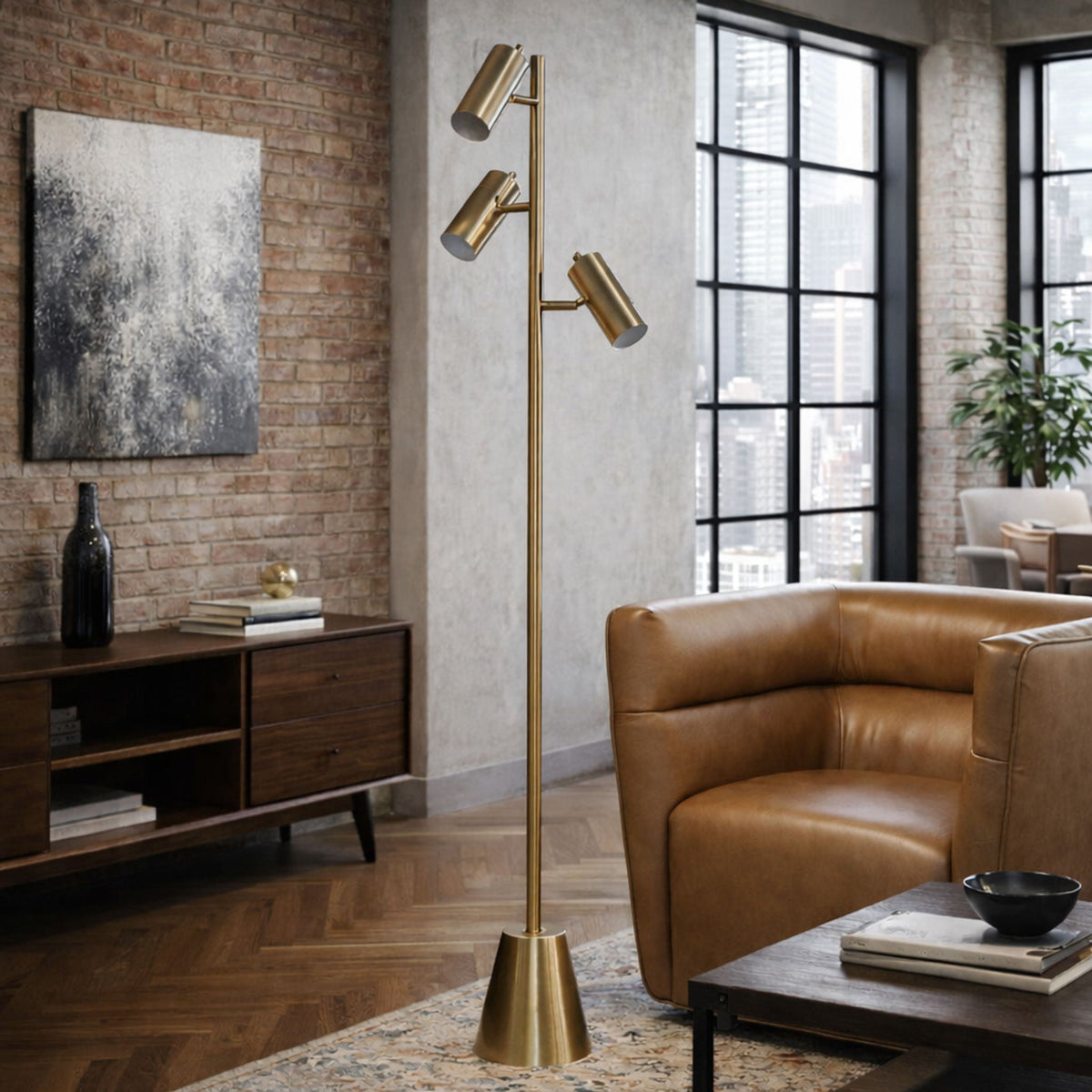 Lumina - Floor Lamp With Rotary Switch Triple Spots Cone Base - Gold