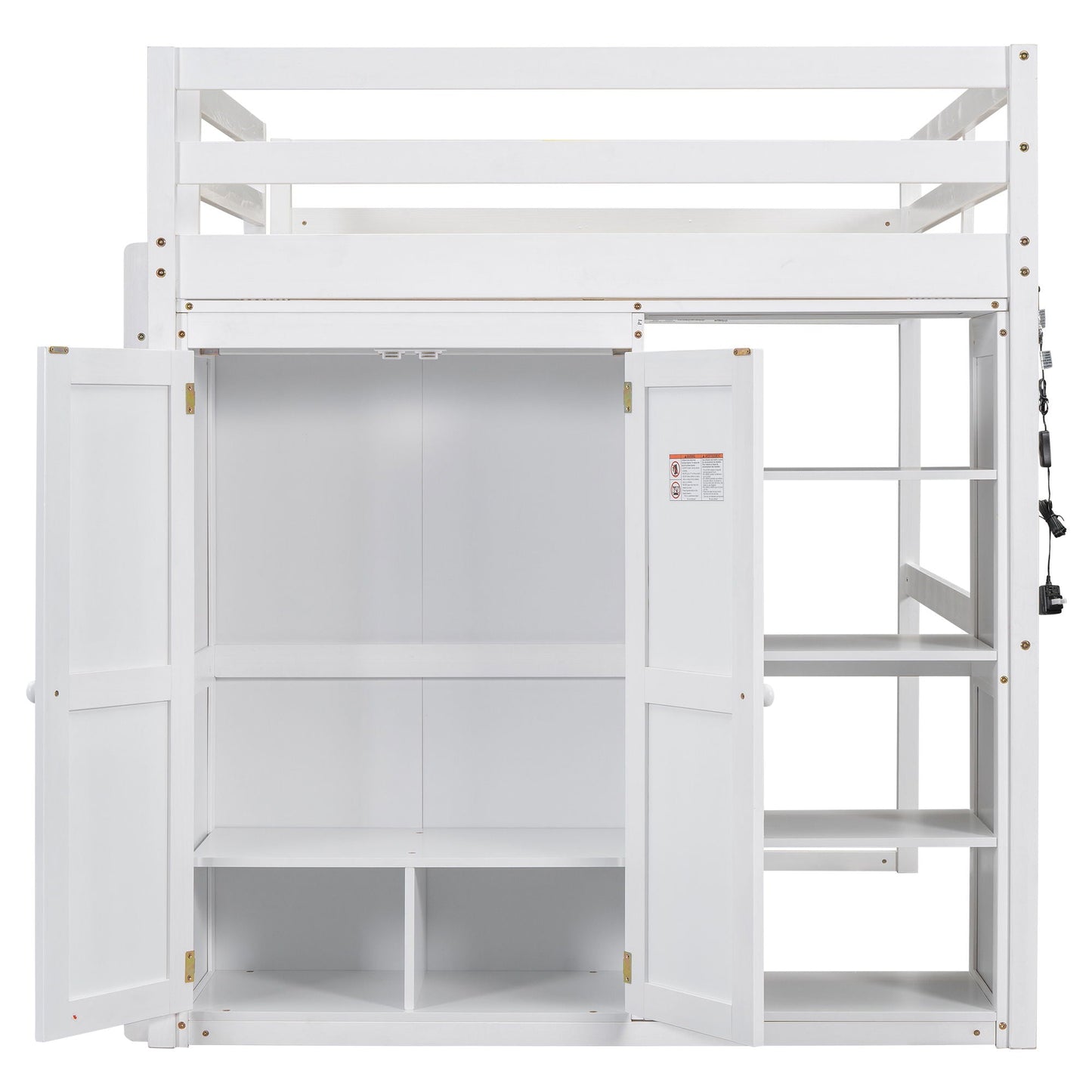 Loft Bed With Built In Wardrobe, Storage Shelves, And LED Light