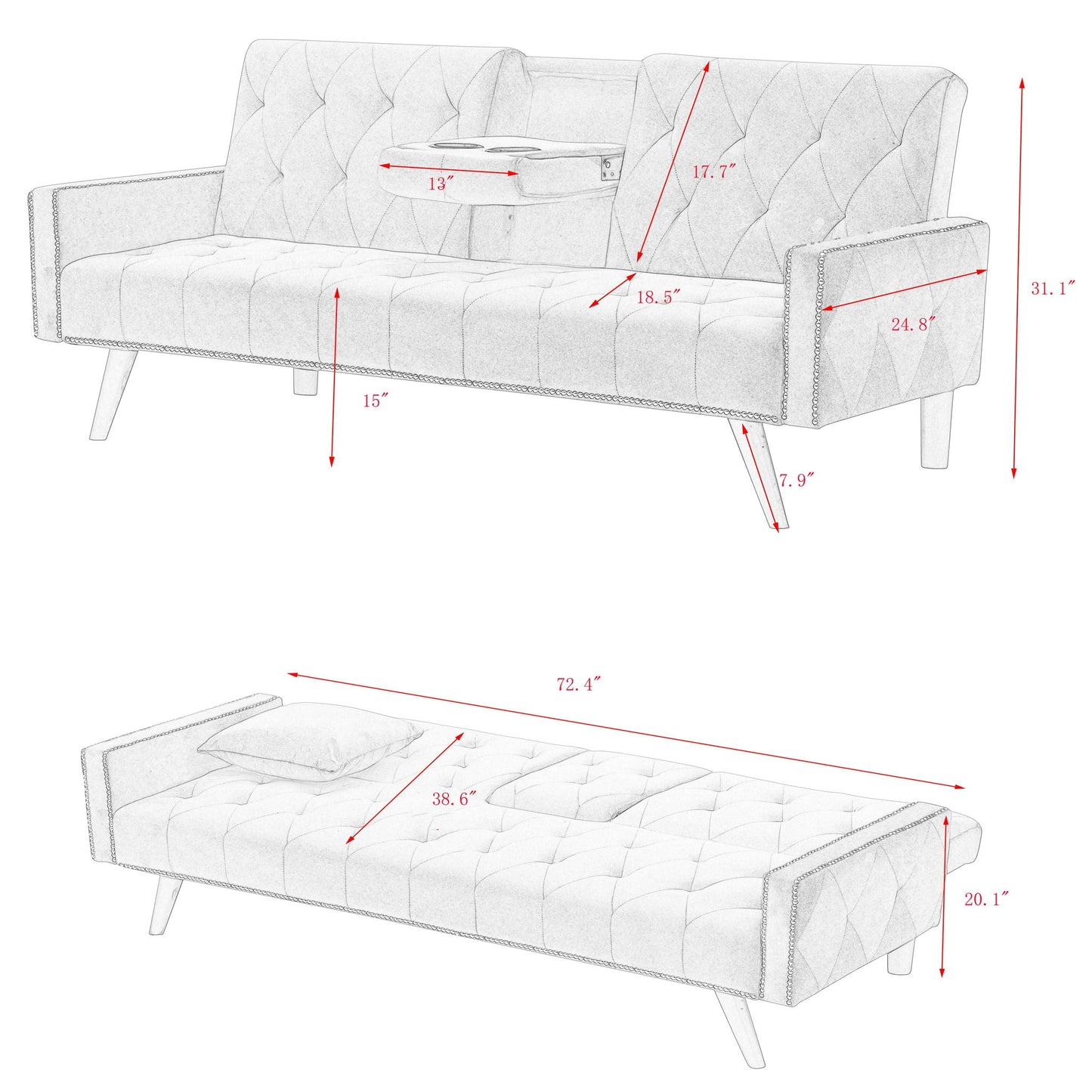 Sofa Bed With Nail Head Trim And Cup Holders - Pink
