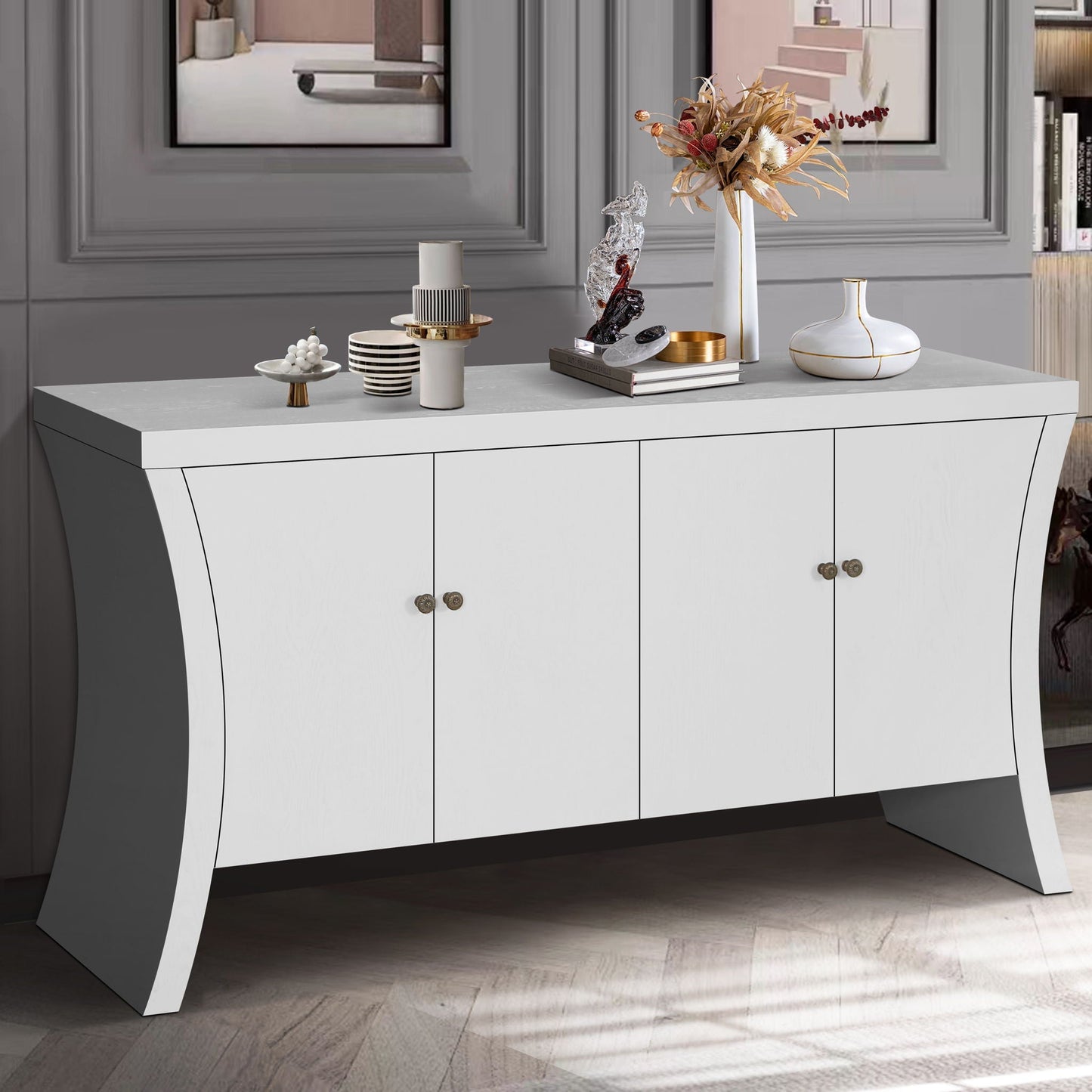 Refined Industrial 4 Door Credenza With Arc Legs & Clasps