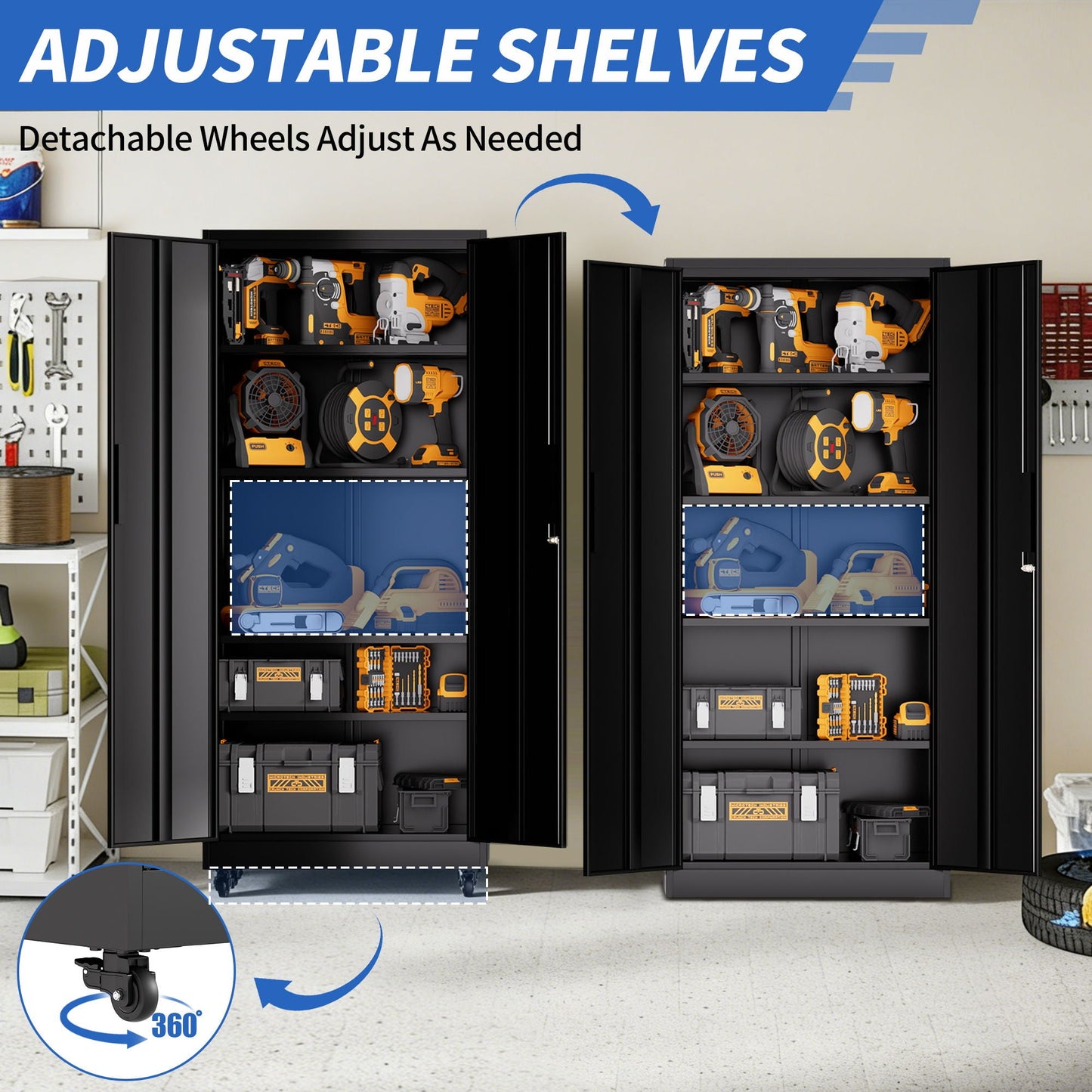 Heavy Duty Rolling Cabinet With Lock, Garage Storage Cabinet, 4 Adjustable Shelves For Tool Organization