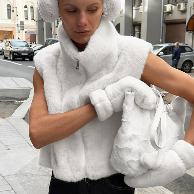 Faux Fur Stand Collar Sleeveless Top Cardigan Solid Color Zipper Vest Women's Vest