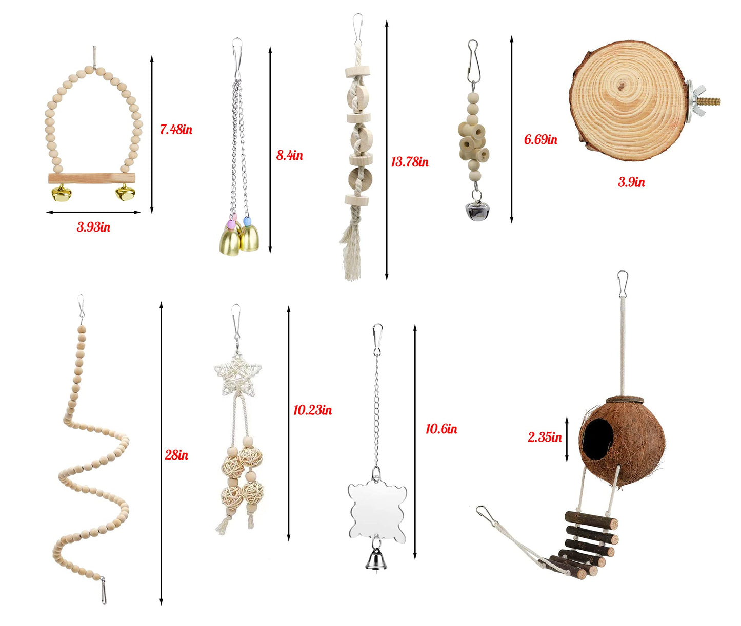 9-Piece Parakeet Toys & Budgie Toys, Bird Cage Accessories Set Natural Wood Bird Toys Include Coconut Hideaway, Swing, Ladder, Perch, Mirror And Hanging Toys For Budgies & Cockatiels