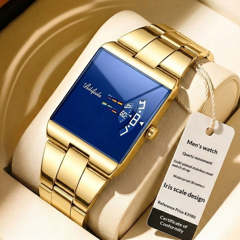 Square Quartz Waterproof Steel-band Luxury Mens Wristwatch