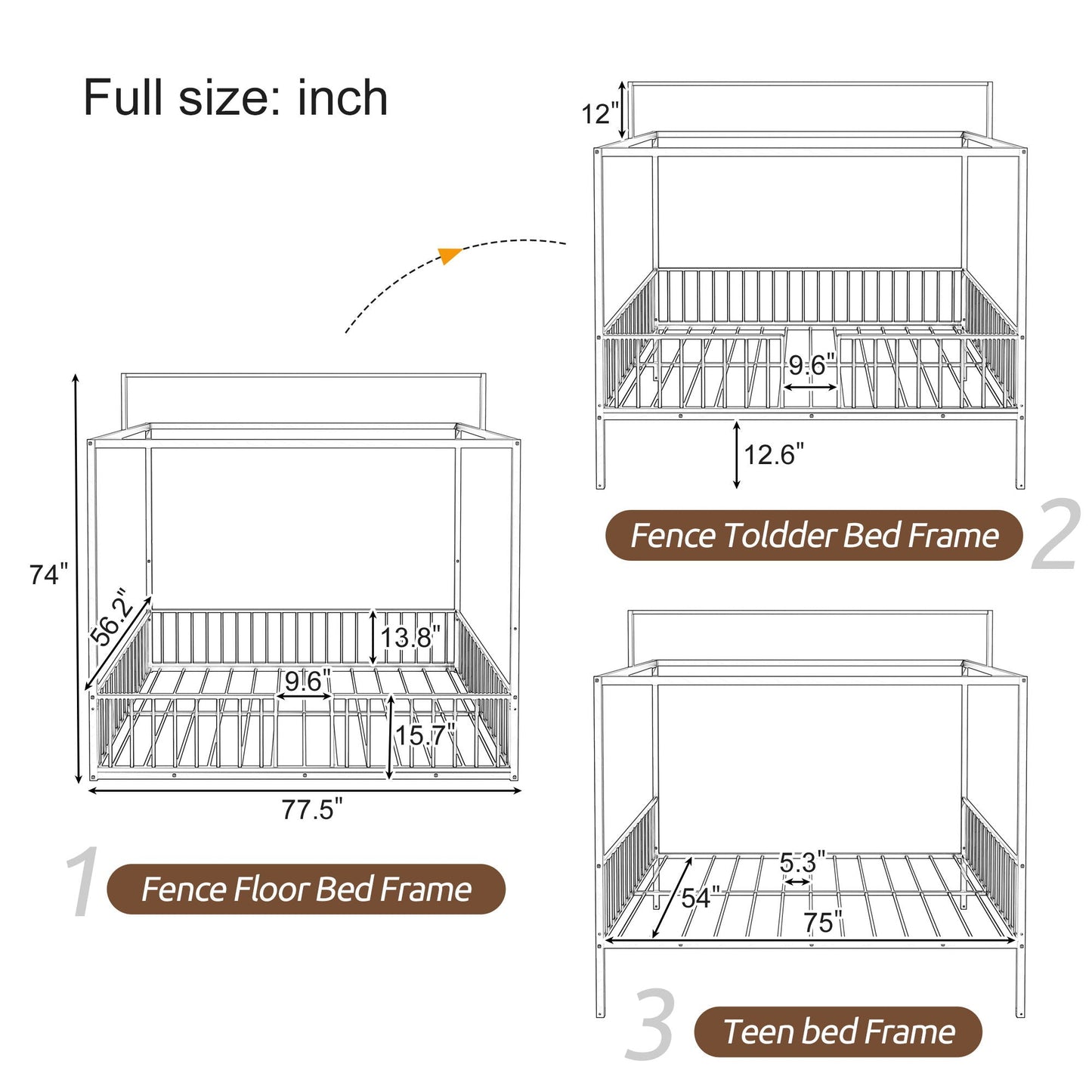 3 In 1 Convertible Montessori Floor Bed With Fenced Support