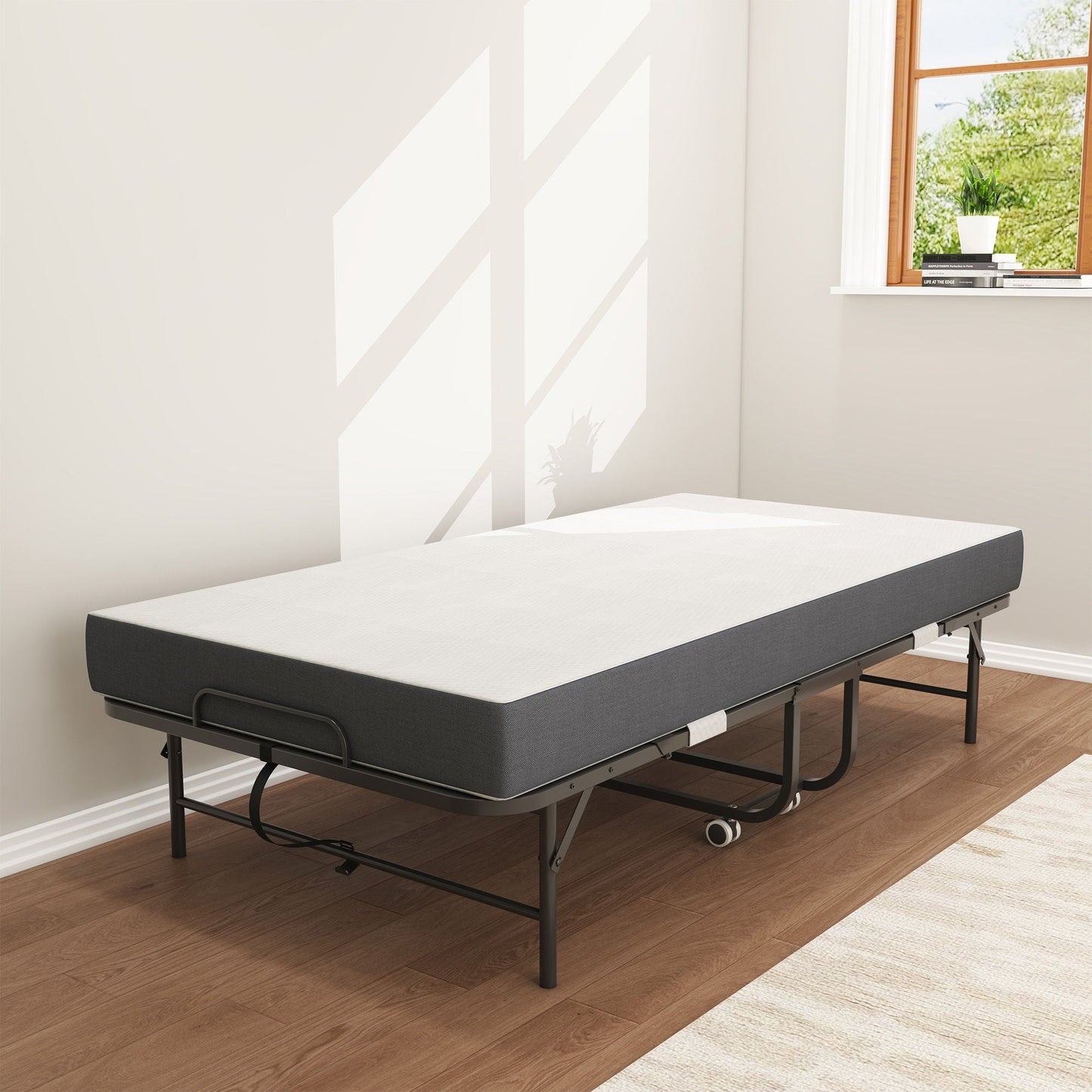 Twin Extra Long Folding Bed For Tall People, Heavy-Duty Rollaway Guest With Memory Foam Mattress - Black