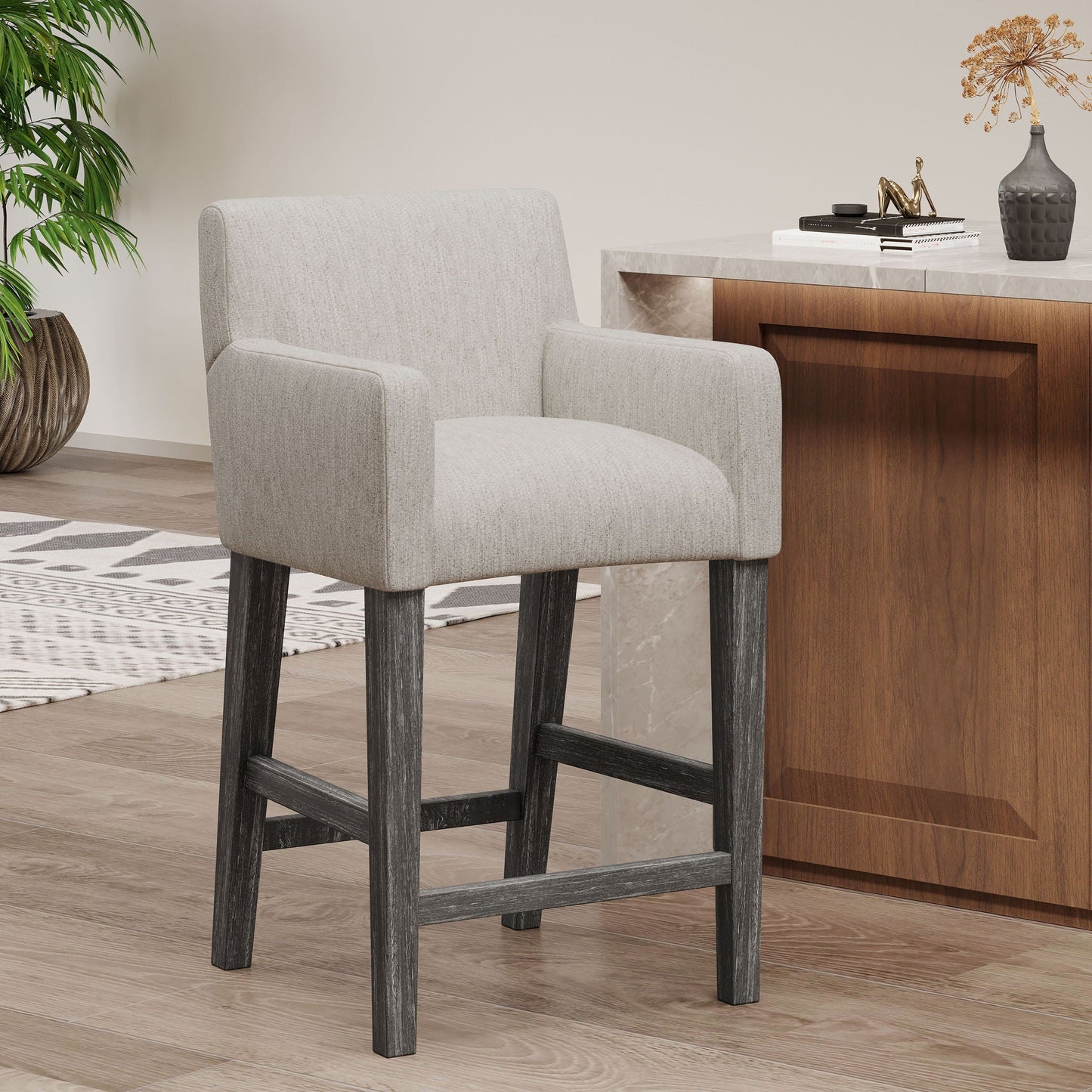 Charmed Upholstered Counter Stool with H-Frame Base and Round Arms