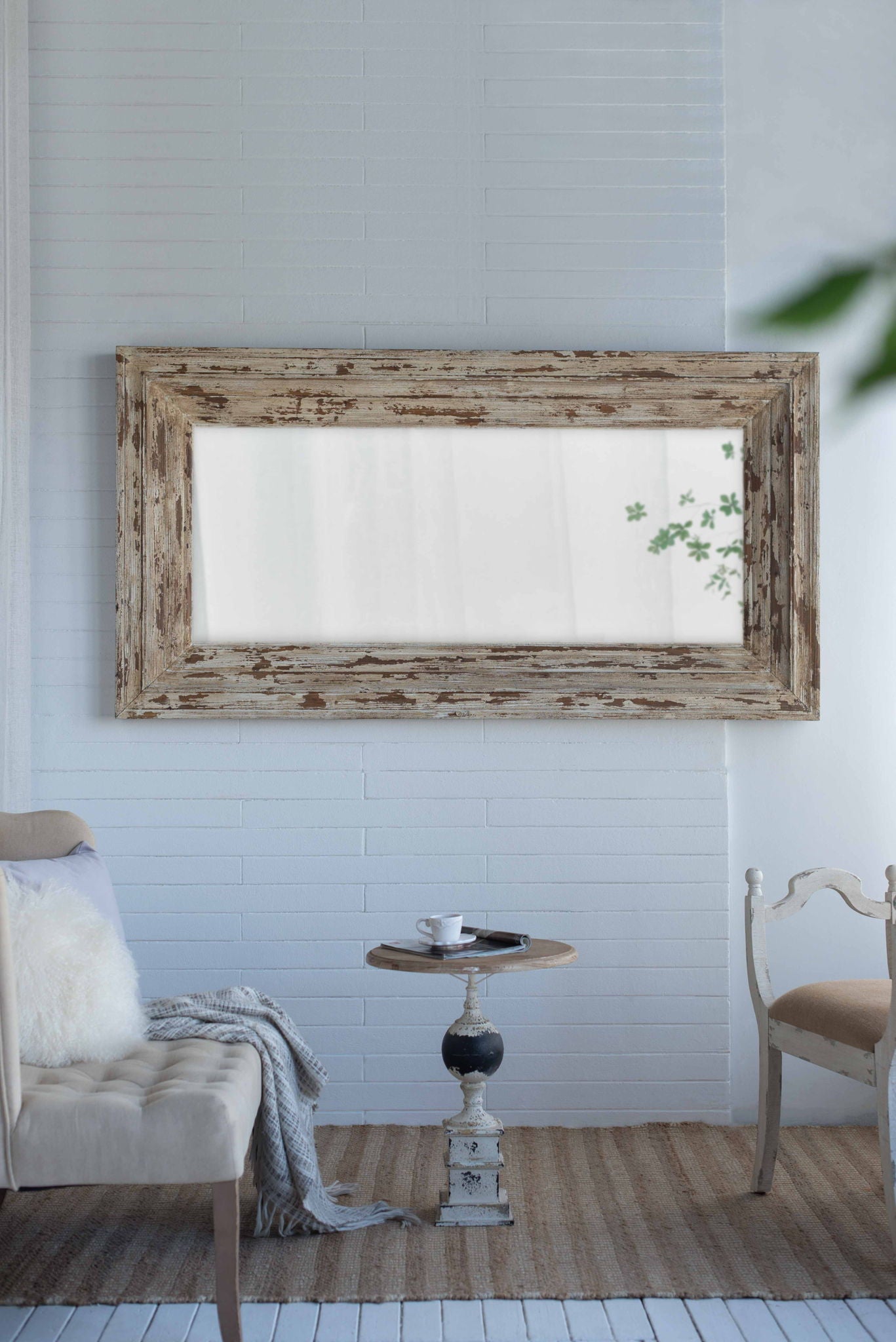 Full Length Rectangle Floor Mirror With Distressed Wood Frame - Brown