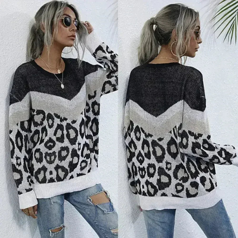 Leopard Print Sweater ā Gray Acrylic Knit | Sizes S-L