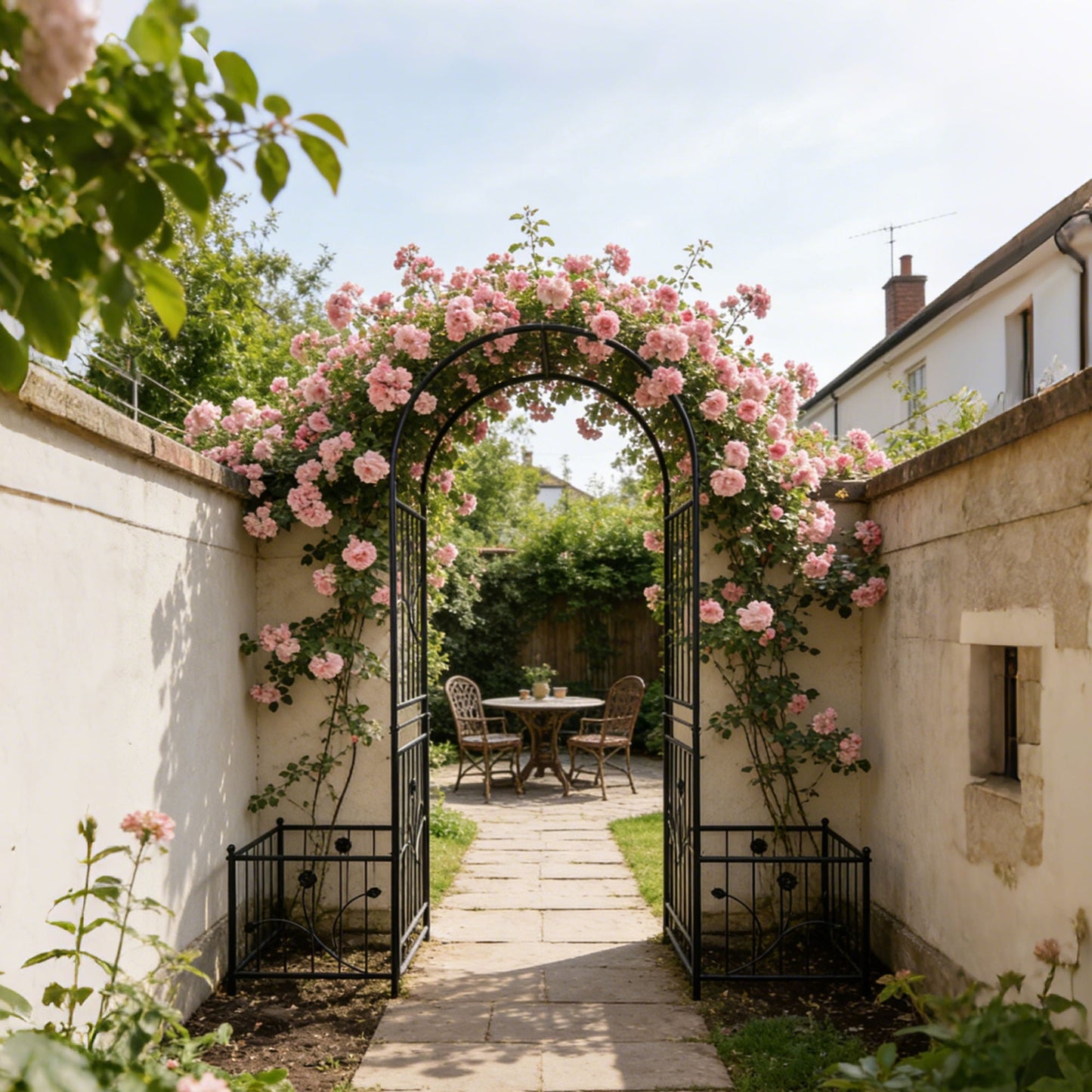 Metal Garden Arch With Two Plant Stands Wide High Climbing Plants Support Rose Arch Outdoor - Black
