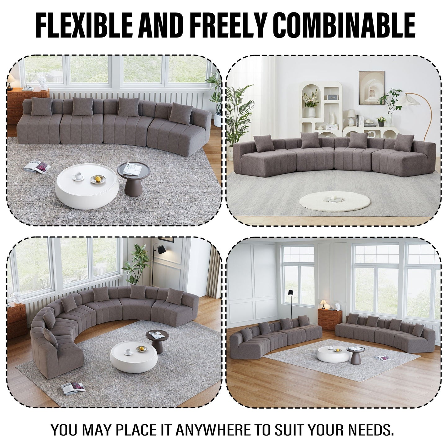 Curved Sectional Sofa With 2 Pillows For Living Room - Gray