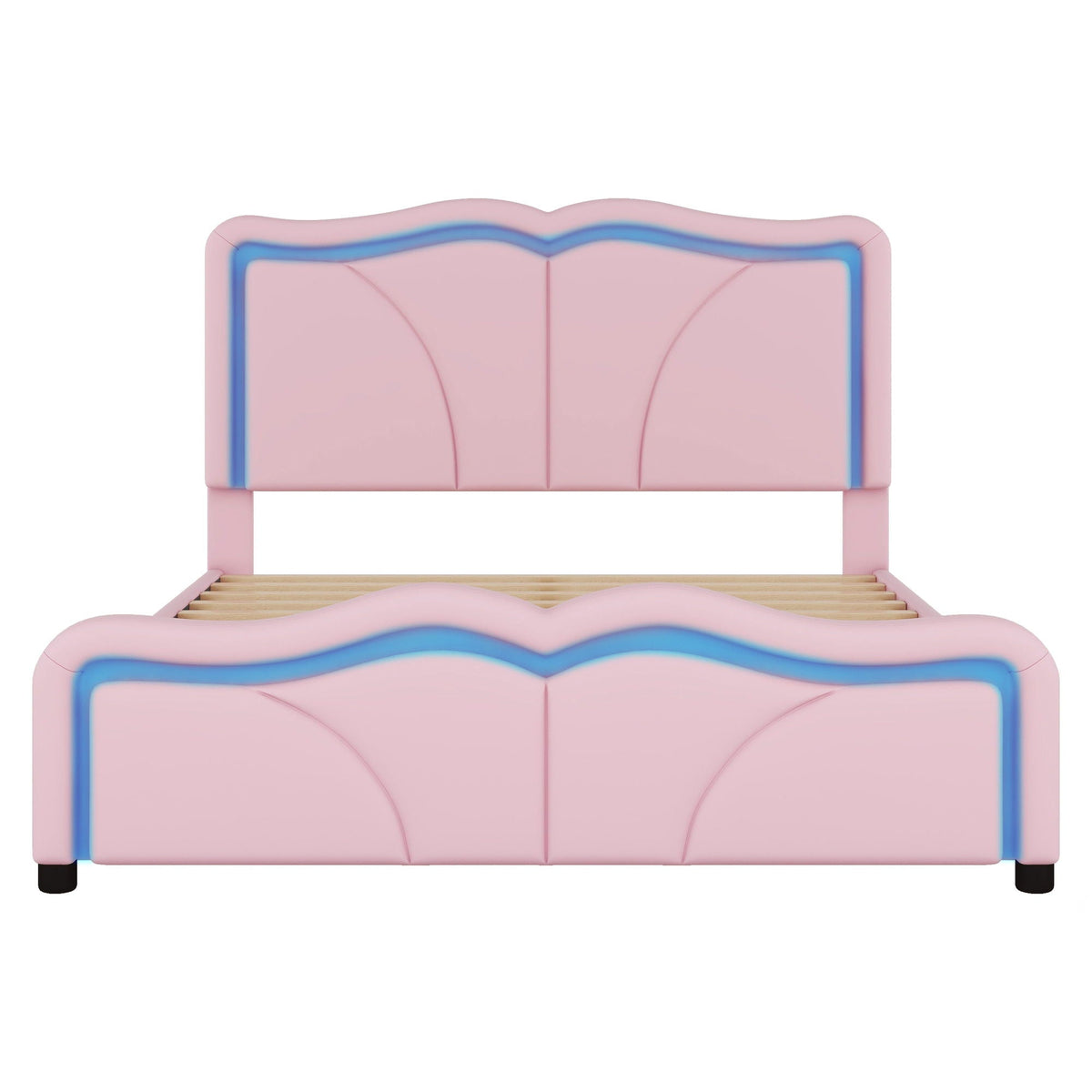 Upholstered Platform Bed & Curve Shaped And Height Adjustable Headboard, LED Light Strips