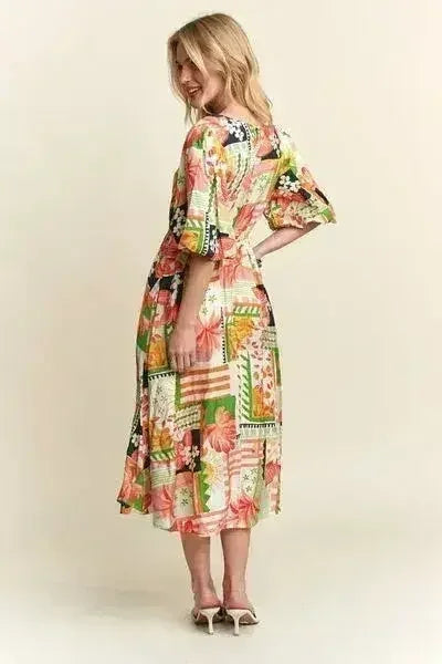Floral V-Neck Puff Sleeve Summer Midi Dress – femstylo