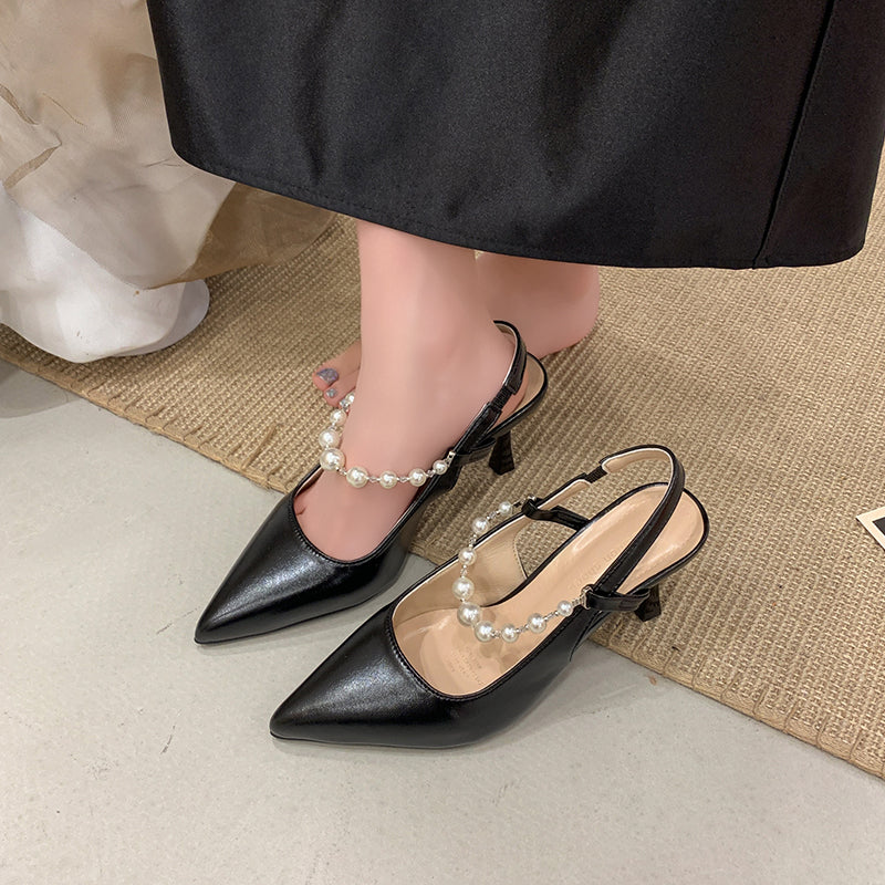 Women French Style Pearl Closed Toe Sandals, 2026 Summer New Pointed Toe Stiletto Backless High Heels, Fairy Style Single Shoes