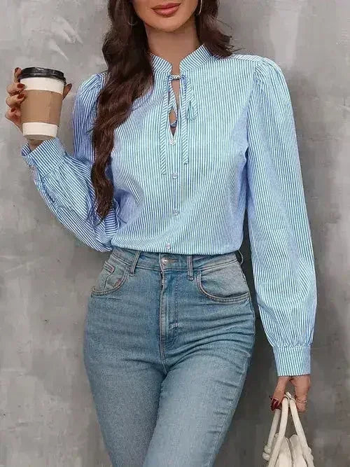 Striped Tie Neck Long Sleeve Blouse – Femstylo