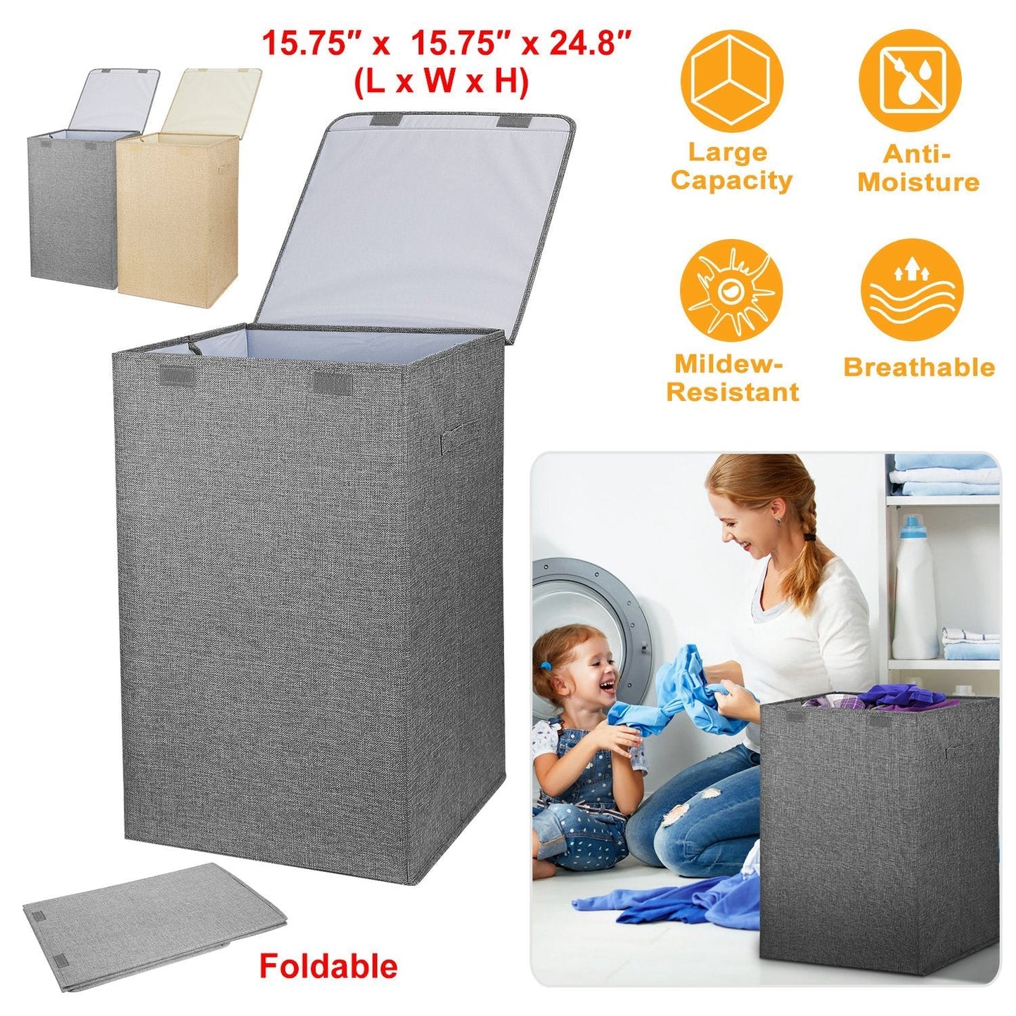 Foldable Laundry Hampers Washing Clothes Laundry Basket w/ Lid Handles Storage Organizer