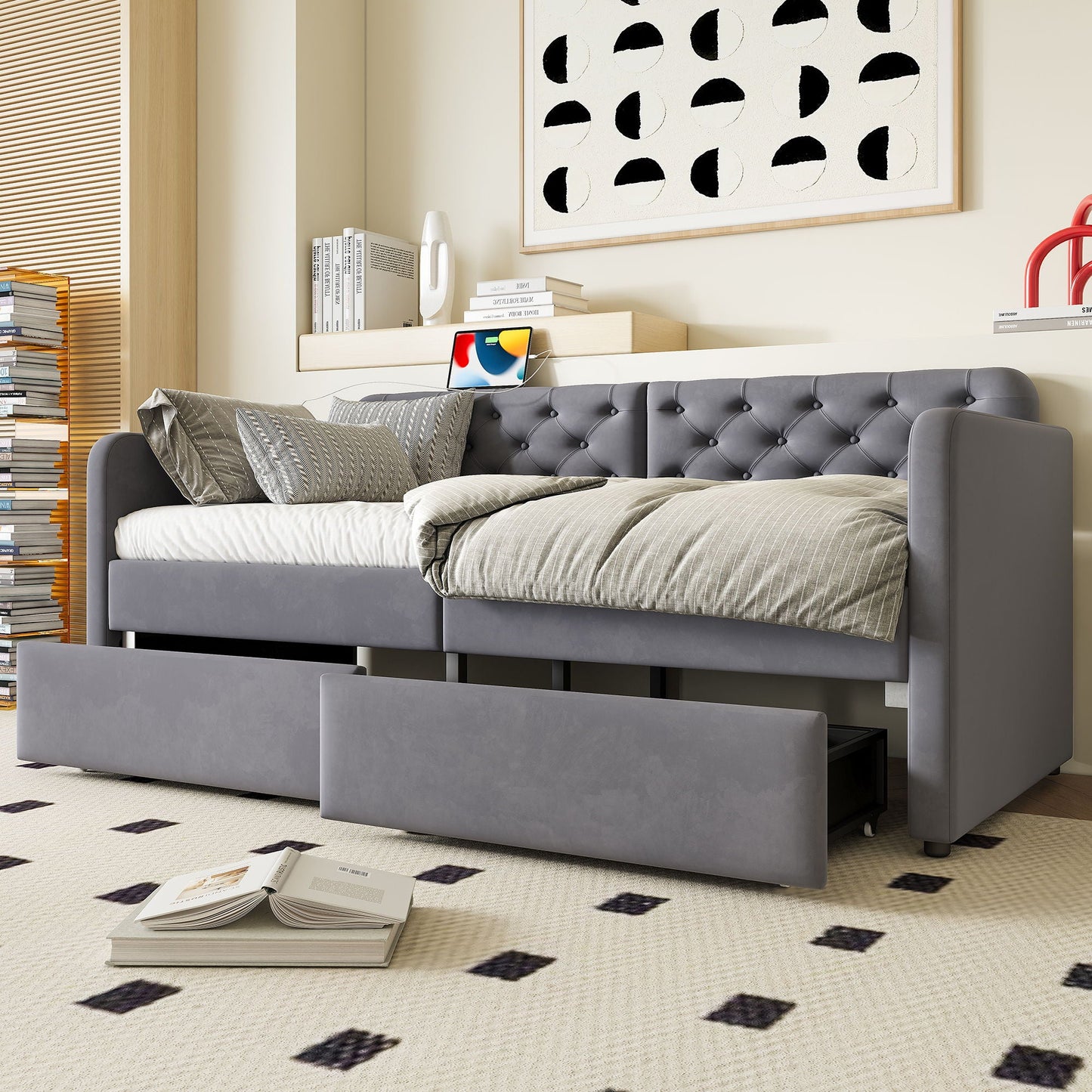 Twin Size Upholstered Daybed With 2 Storage Drawers And USB Charging Design - Gray