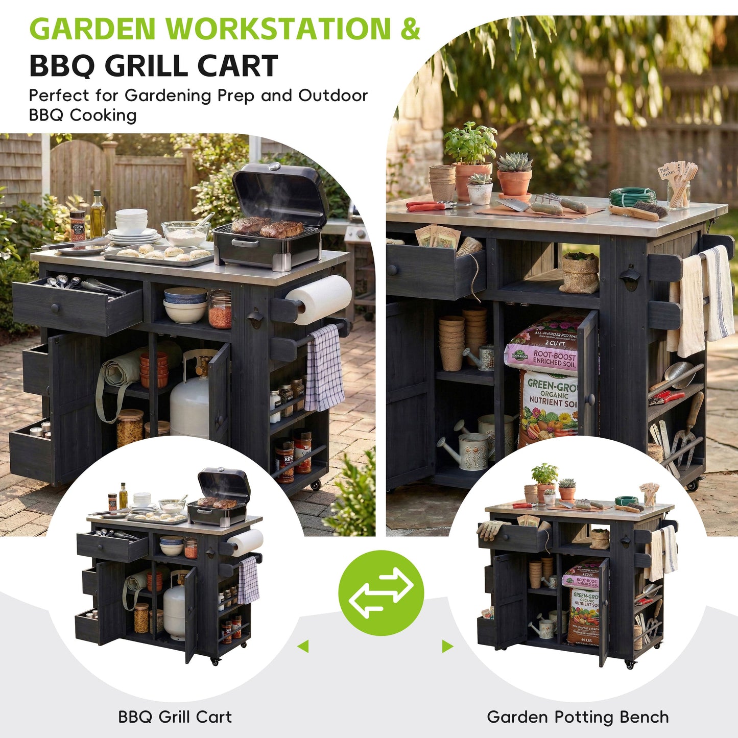 TOPMAX Outdoor Solid Wood Extendable Kitchen Island