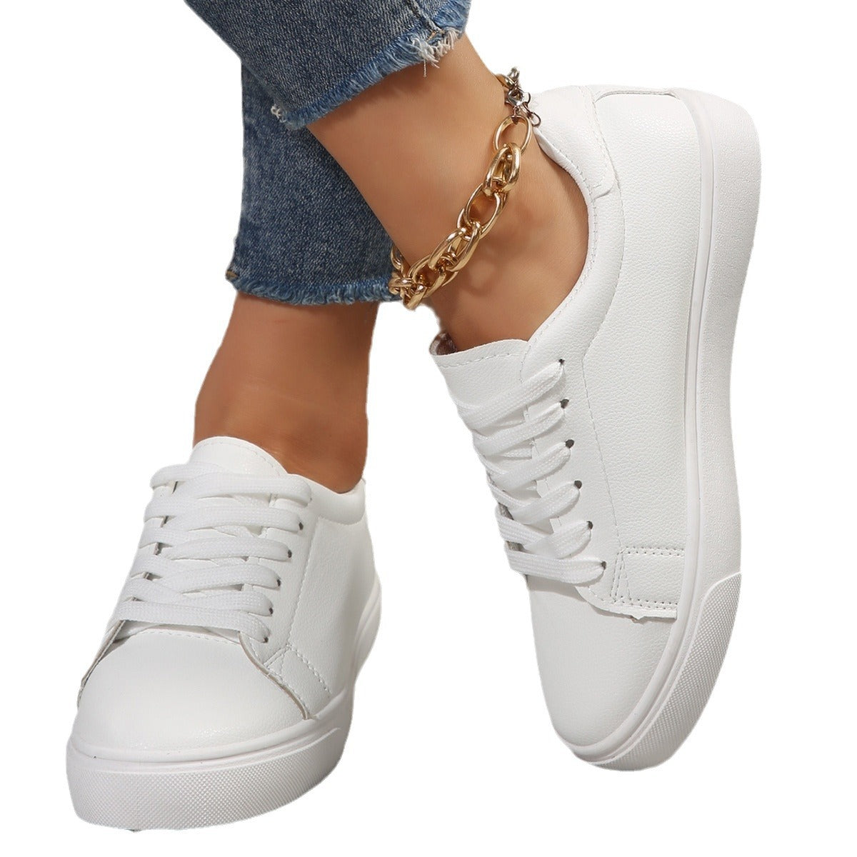 Plus-size Casual Versatile White Flat Shoes Laced Korean-style Low-top Sneakers