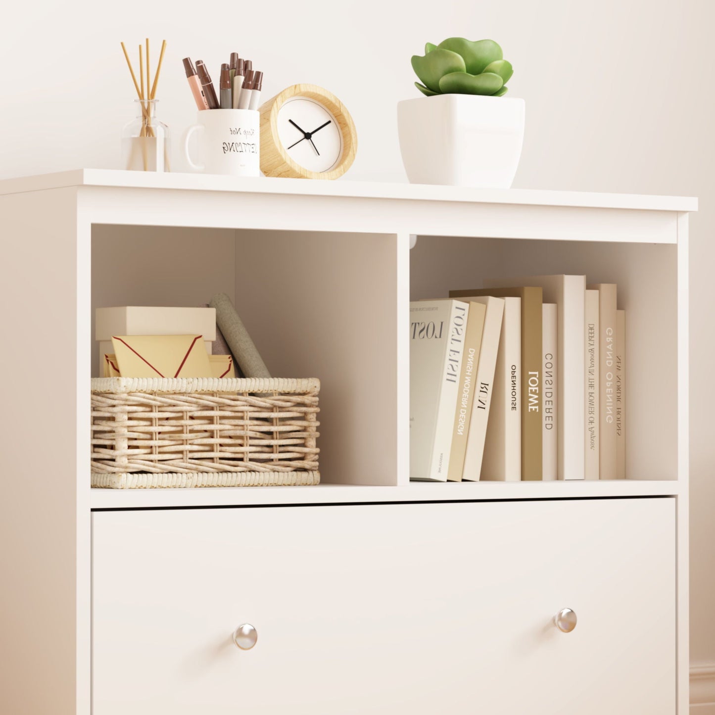 Toy Storage Organizer With Large Drawer And Low Bookshelf For Nursery & Playroom - White