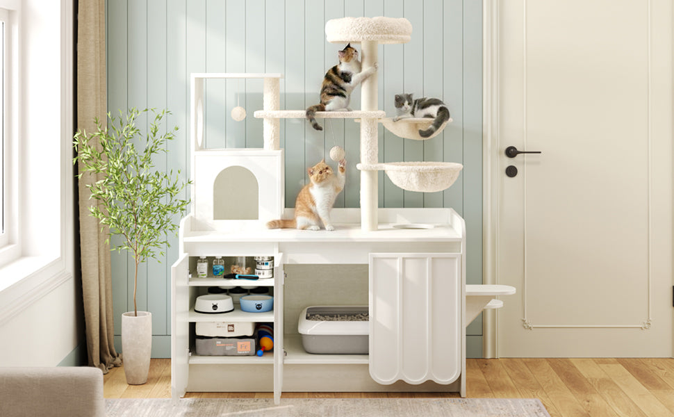 50.6" Cat Tree with Litter Box Enclosure, Sisal Scratching Post & Storage