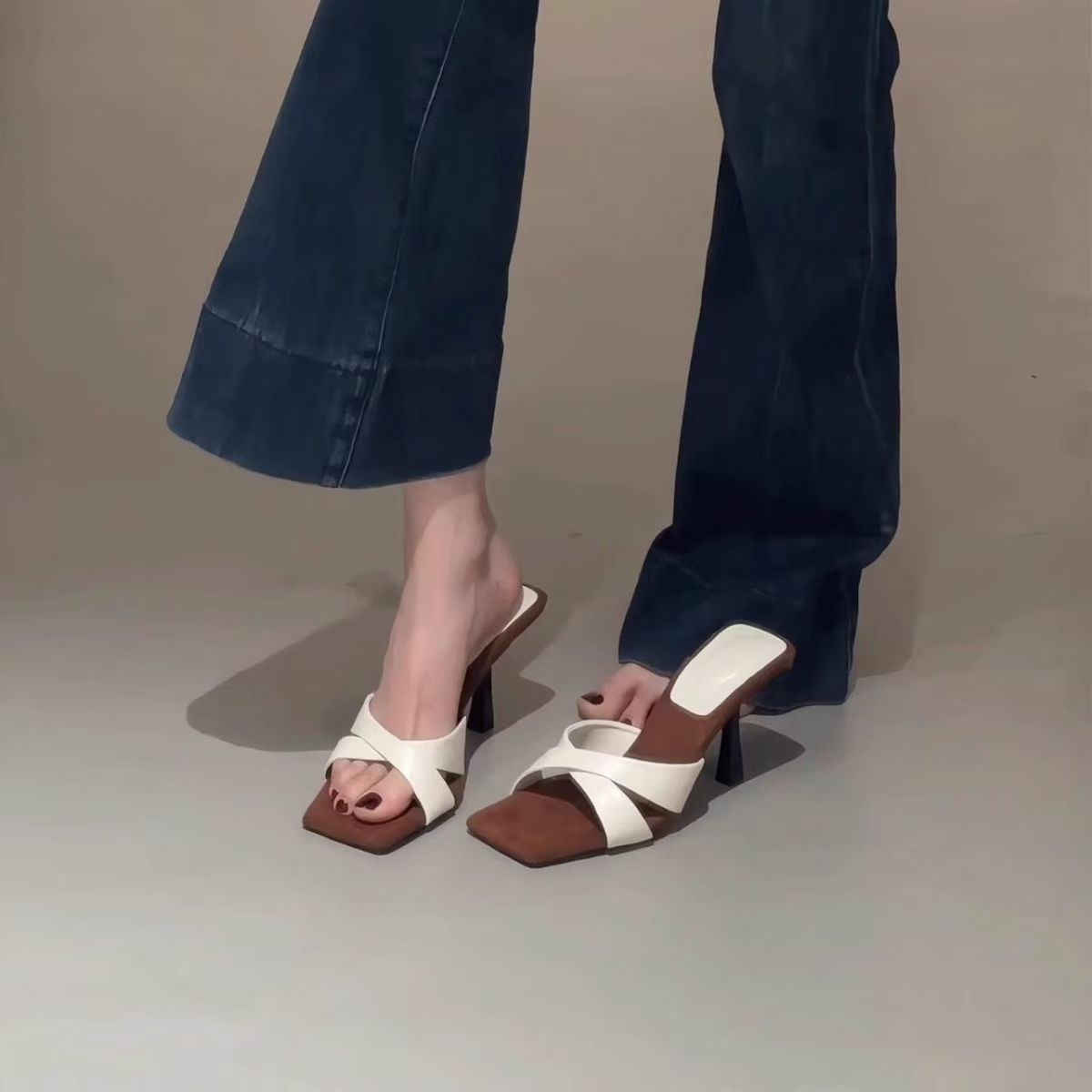 Elegant Socialite Style Cross Strap Open Toe Square Toe Slides For Women, French Stunning 7cm Stiletto High Heels For Summer Outdoor Wear