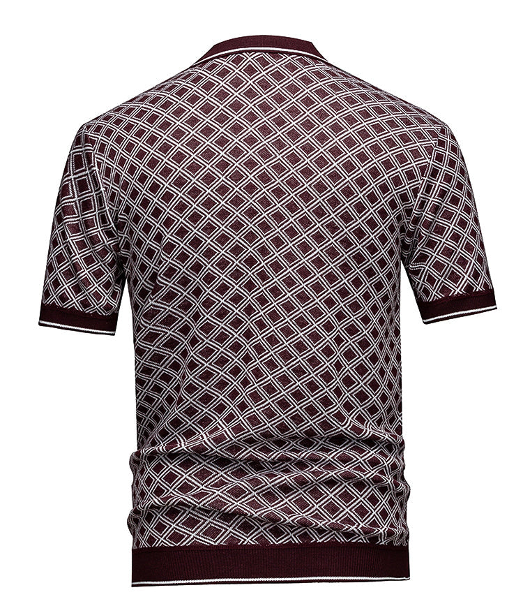 Men's Short Sleeve Knit Polo Shirt, Burgundy Diamond Geometric Jacquard, Smart Casual Retro Style, Breathable Knitted Top