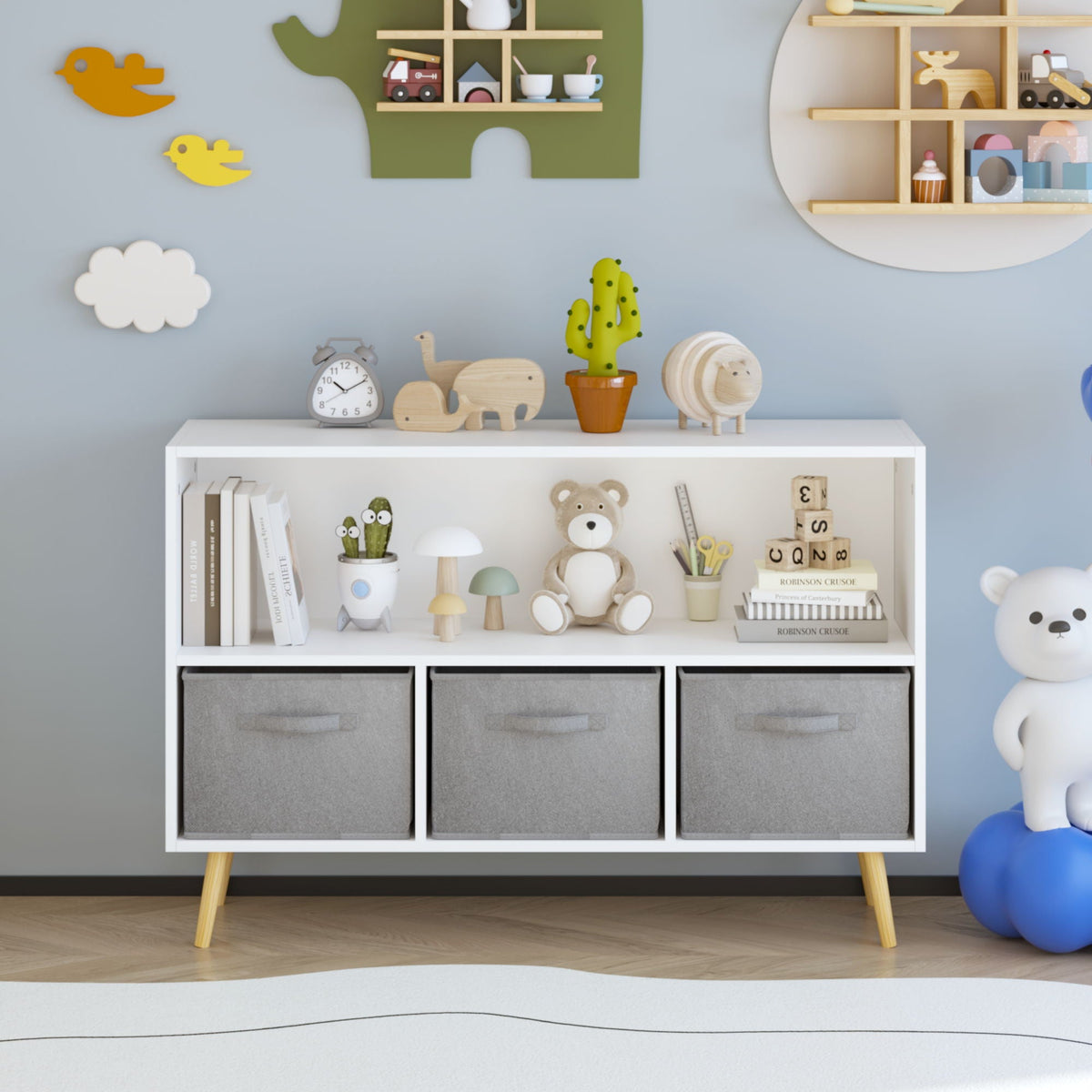 Bookcase With Collapsible Drawers, Book Display Organizer
