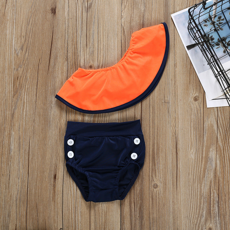 Girls Summer Split Slanted Shoulder Ruffled Candy Color Swimsuit