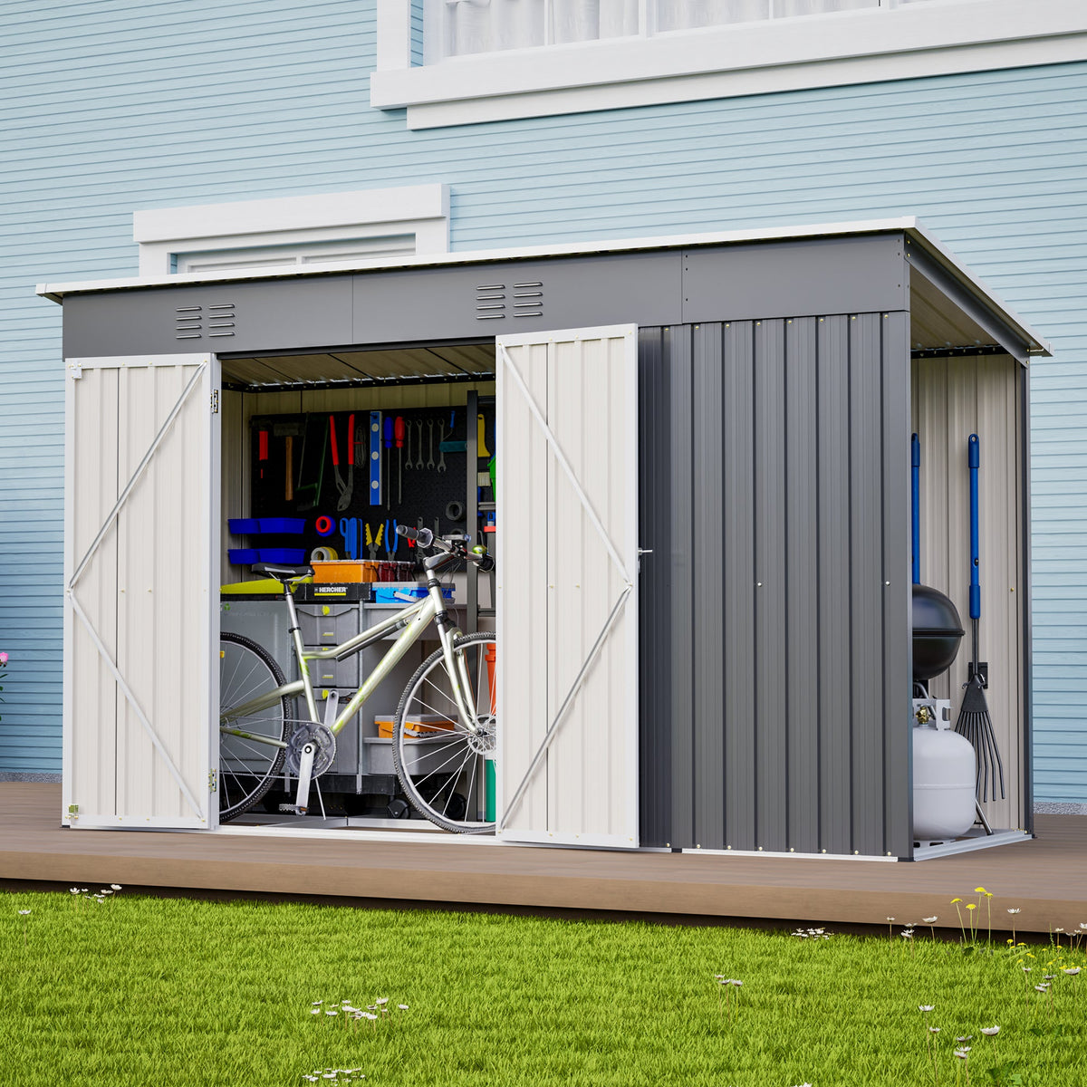 10'x4' Outdoor Metal Storage Shed for Garden Tools Lockable Door With Floor Frame