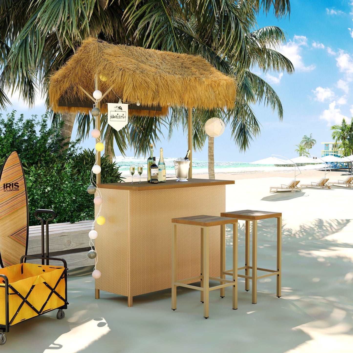 Hawaiian-Style Bar Height Patio Set with PE Grass Canopy