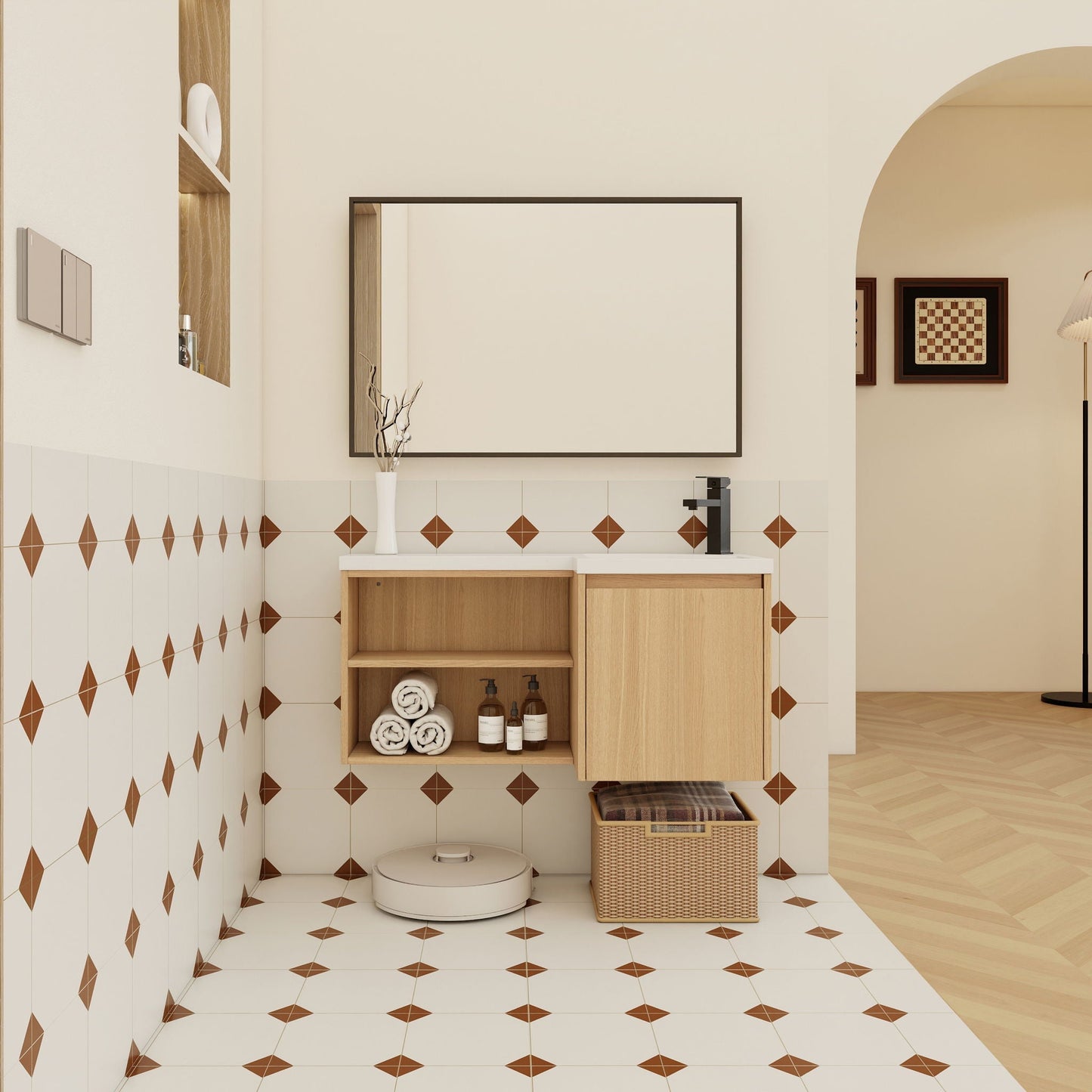 L-Shaped Wall Mounte Floating Bathroom Vanity With Integrated Sink